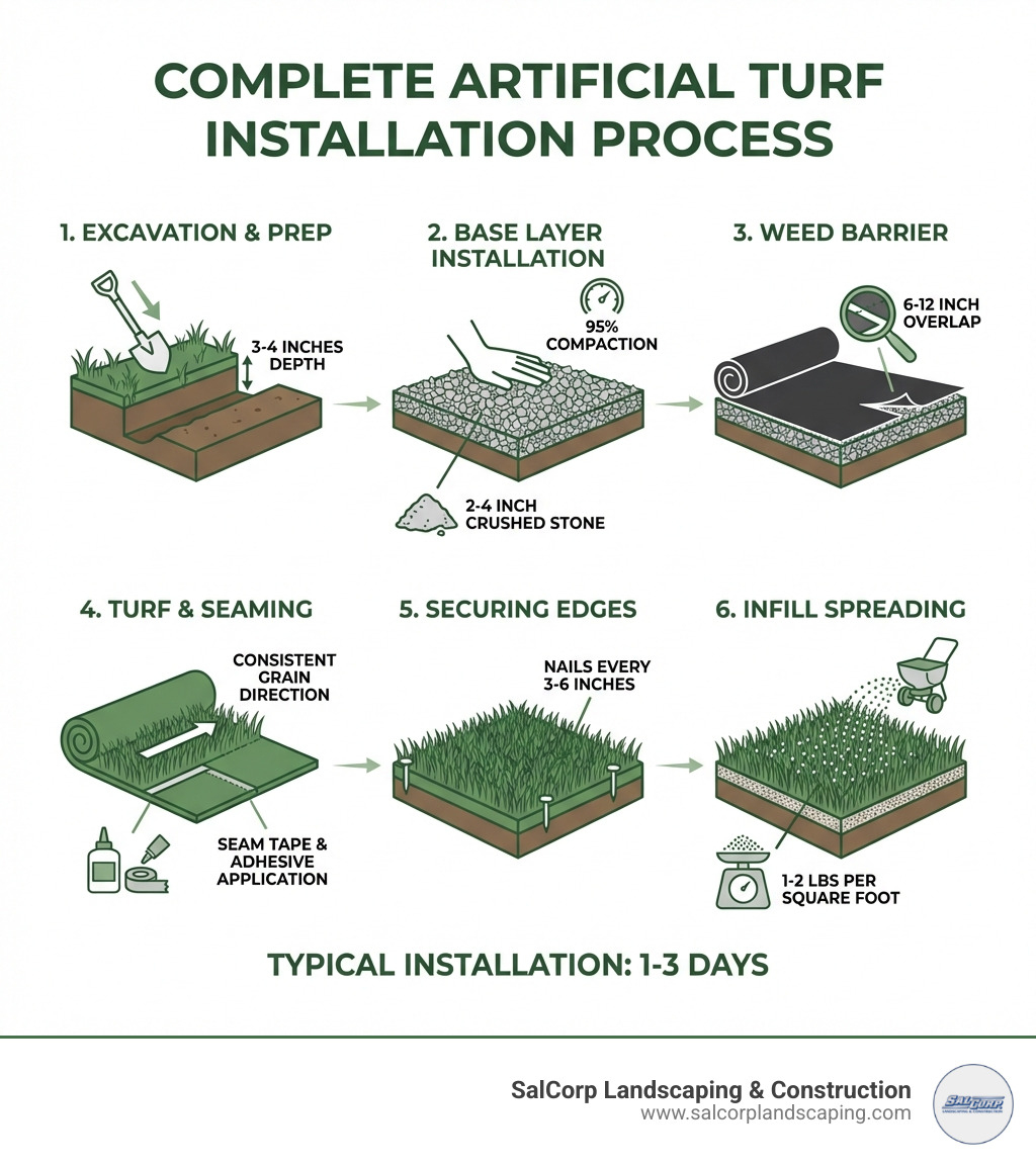infographic showing the complete artificial turf installation process: excavation depth of 3-4 inches, base layer of 2-4 inches crushed stone with 95% compaction, weed barrier fabric with 6-12 inch overlap, artificial turf with consistent grain direction, seam tape and adhesive application, perimeter securing with nails every 3-6 inches, and infill spread at 1-2 lbs per square foot - installing astro turf in backyard infographic 