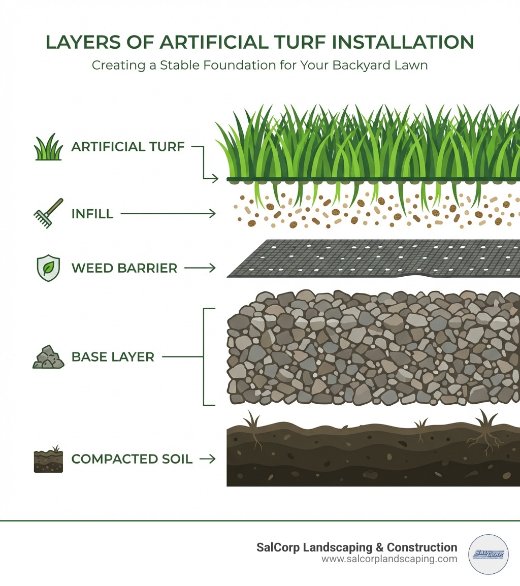 infographic explaining the layers of an artificial turf installation: turf, infill, base layer, compacted soil, weed barrier. - installing astro turf in backyard infographic 