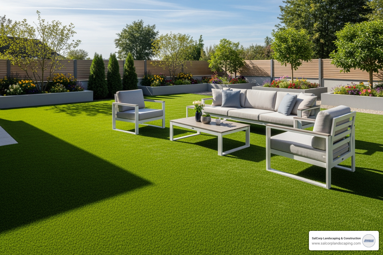 beautiful, lush green artificial turf backyard with patio furniture - installing astro turf in backyard
