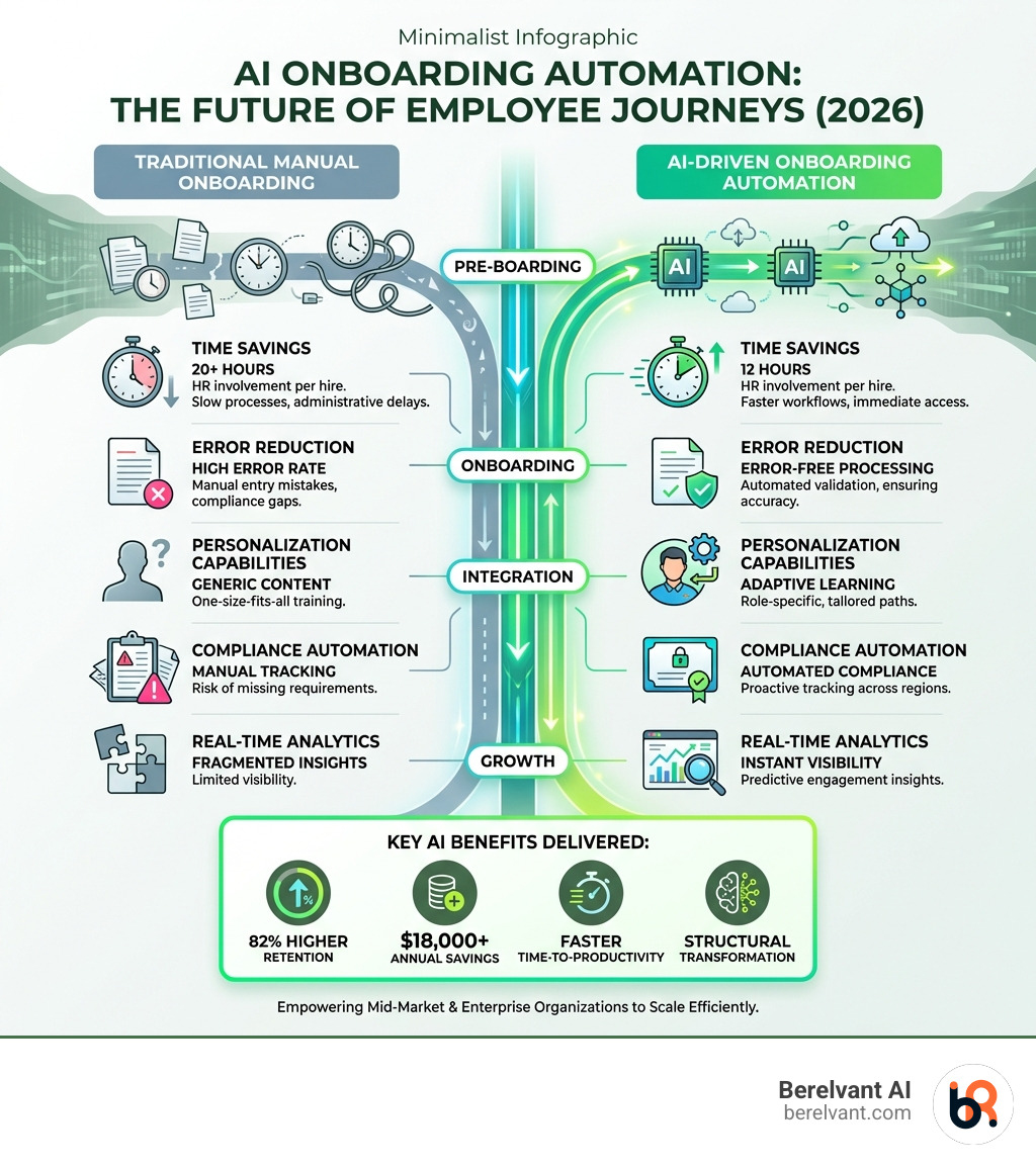 Infographic comparing traditional manual onboarding workflows with AI-driven onboarding automation, showing time savings, error reduction, personalization capabilities, compliance automation, and real-time analytics across employee lifecycle stages - ai onboarding automation infographic 