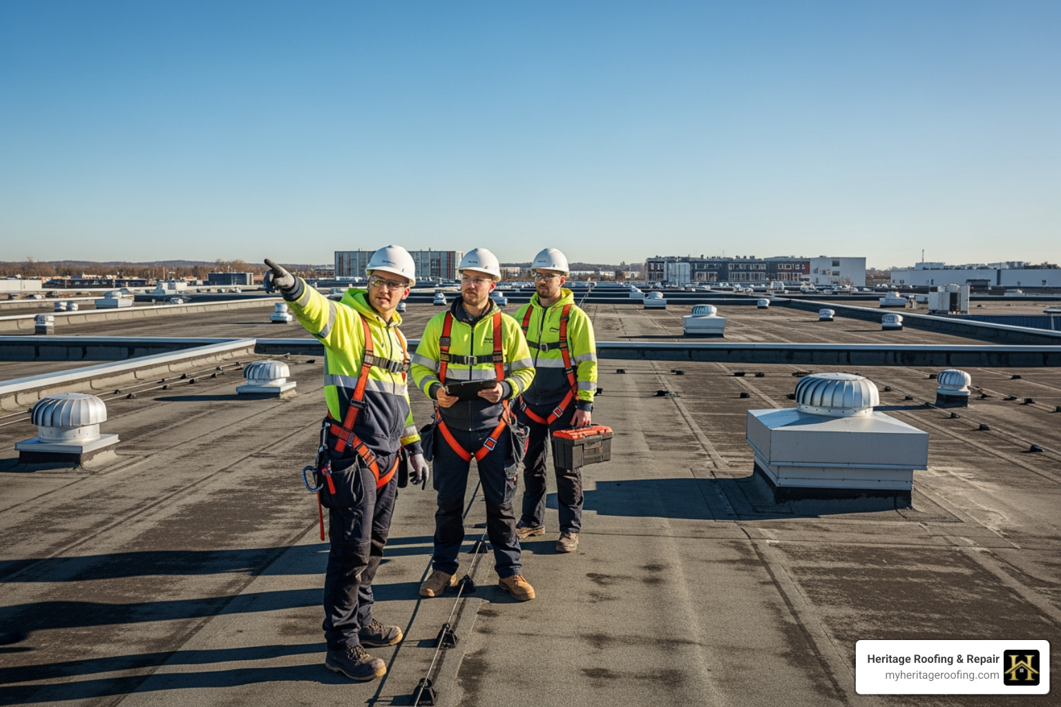 A roofing team inspecting a large roof surface - industrial roof refurbishment A roofing team inspecting a large roof surface - industrial roof refurbishment