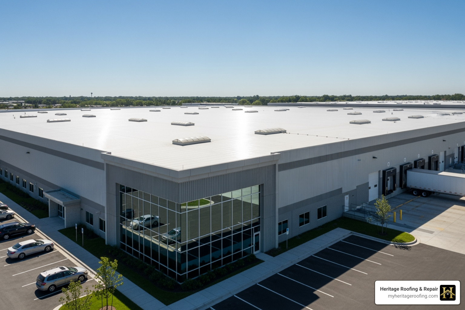 A reflective "cool roof" on a large industrial building - industrial roof refurbishment A reflective "cool roof" on a large industrial building - industrial roof refurbishment