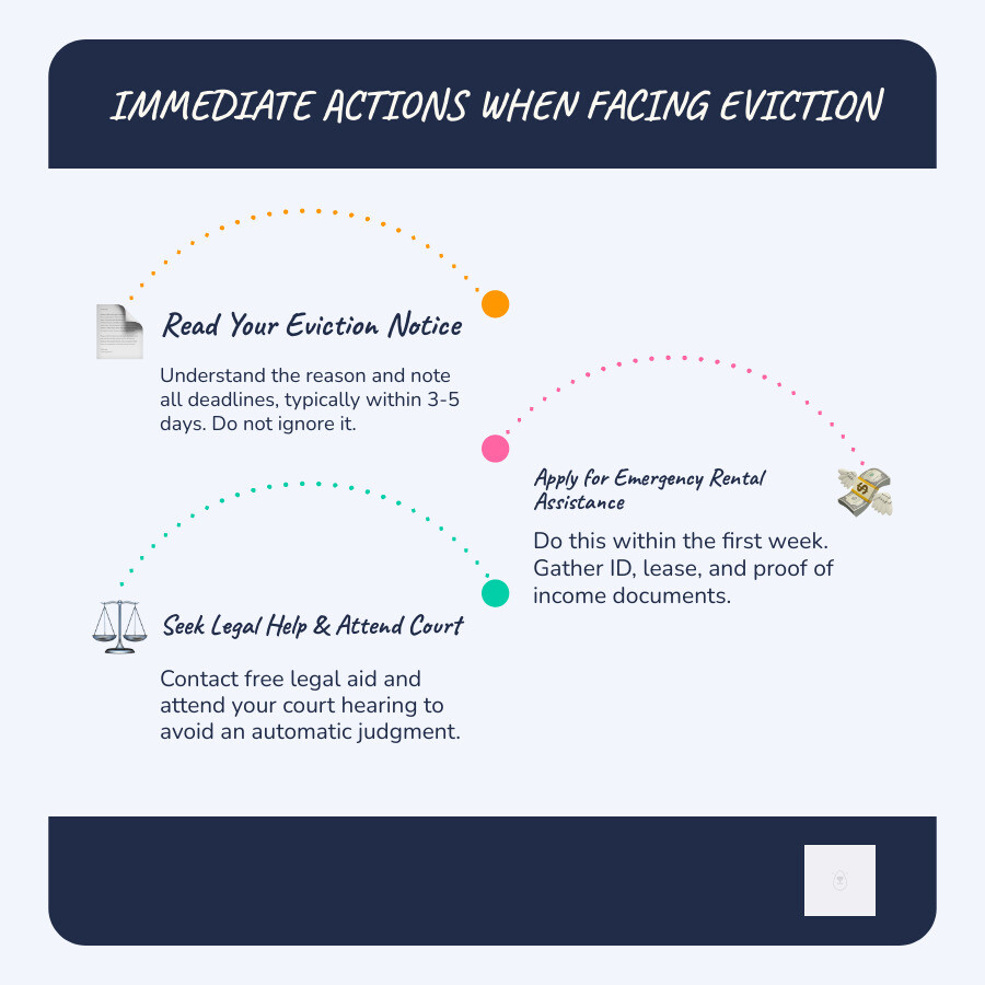 infographic showing three immediate actions when facing eviction: 1. Read your notice carefully and note all deadlines within 3-5 days, 2. Apply for emergency rental assistance within the first week using required documents like ID, lease, and proof of income, 3. Contact free legal aid and attend your court hearing to avoid automatic judgment - housing assistance for eviction infographic infographic-line-3-steps-blues-accent_colors