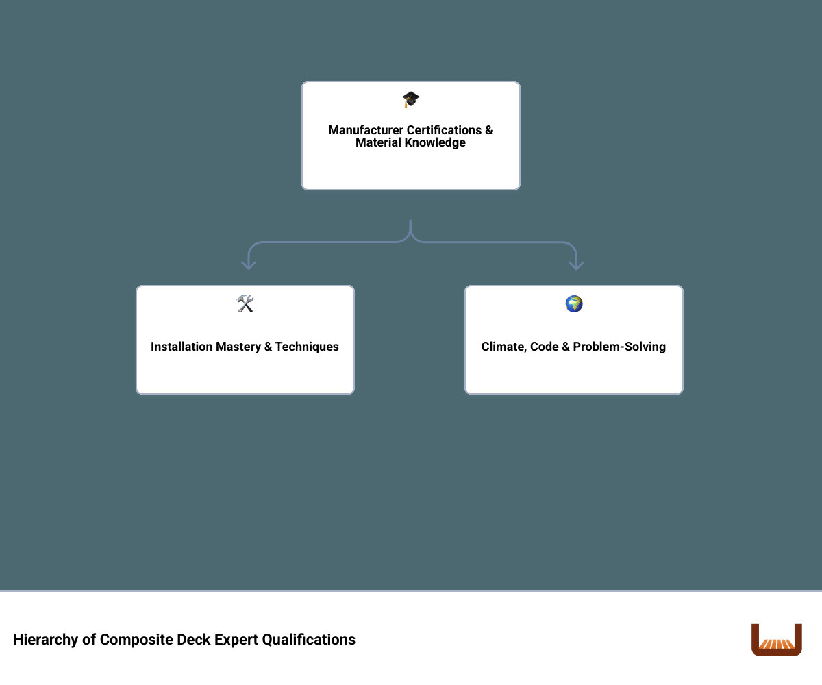 infographic showing the hierarchy of composite deck expert qualifications: at the top is manufacturer certification and material knowledge, branching down to installation mastery including substructure expertise and fastener selection, climate considerations for utah's temperature extremes, code compliance and span charts, warranty preservation through proper technique, and problem-solving abilities including sourcing discontinued materials, with red flag warnings on the side showing what to avoid like treating all brands the same or ignoring expansion gaps - composite deck experts infographic hierarchy
