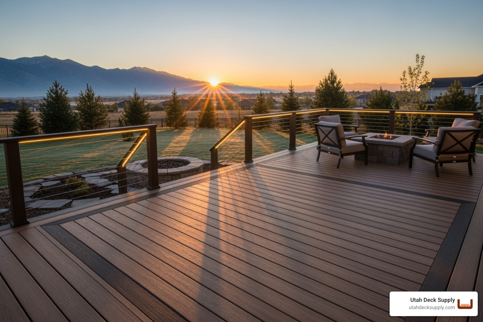 composite deck featuring modern design trends like a picture frame border and integrated lighting in a northern Utah backyard at sunrise - composite deck experts