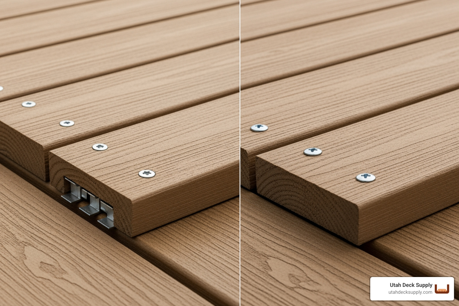 image showing the difference between hidden clip fasteners and traditional top-down screws, with hidden fasteners creating a smooth surface and top-down fasteners showing screw heads - composite deck experts