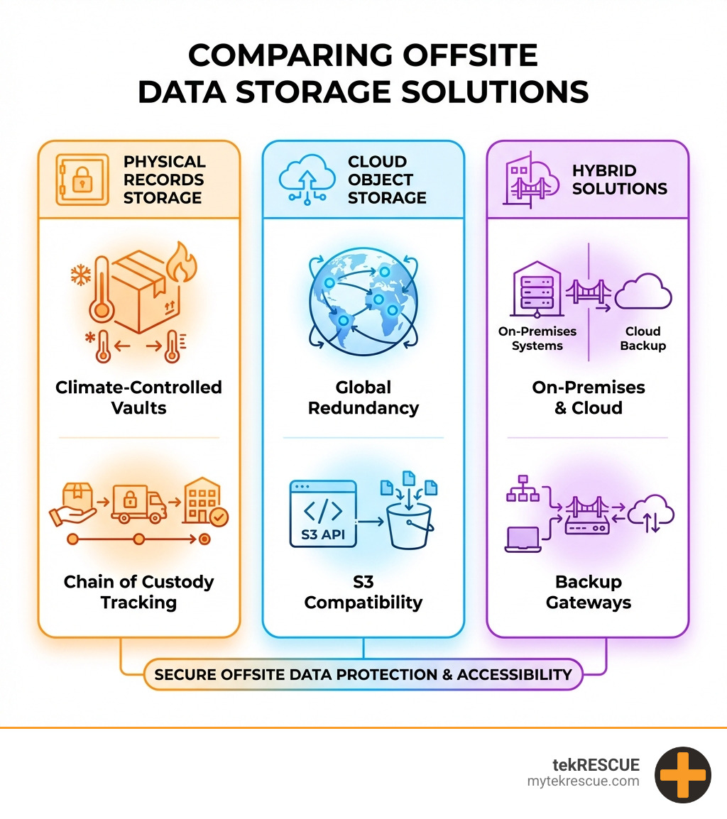 Infographic comparing three types of offsite data storage: physical records storage with features like climate-controlled vaults and chain of custody tracking; cloud object storage with global redundancy and S3 compatibility; and hybrid solutions combining on-premises systems with cloud backup gateways - offsite data storage companies infographic 