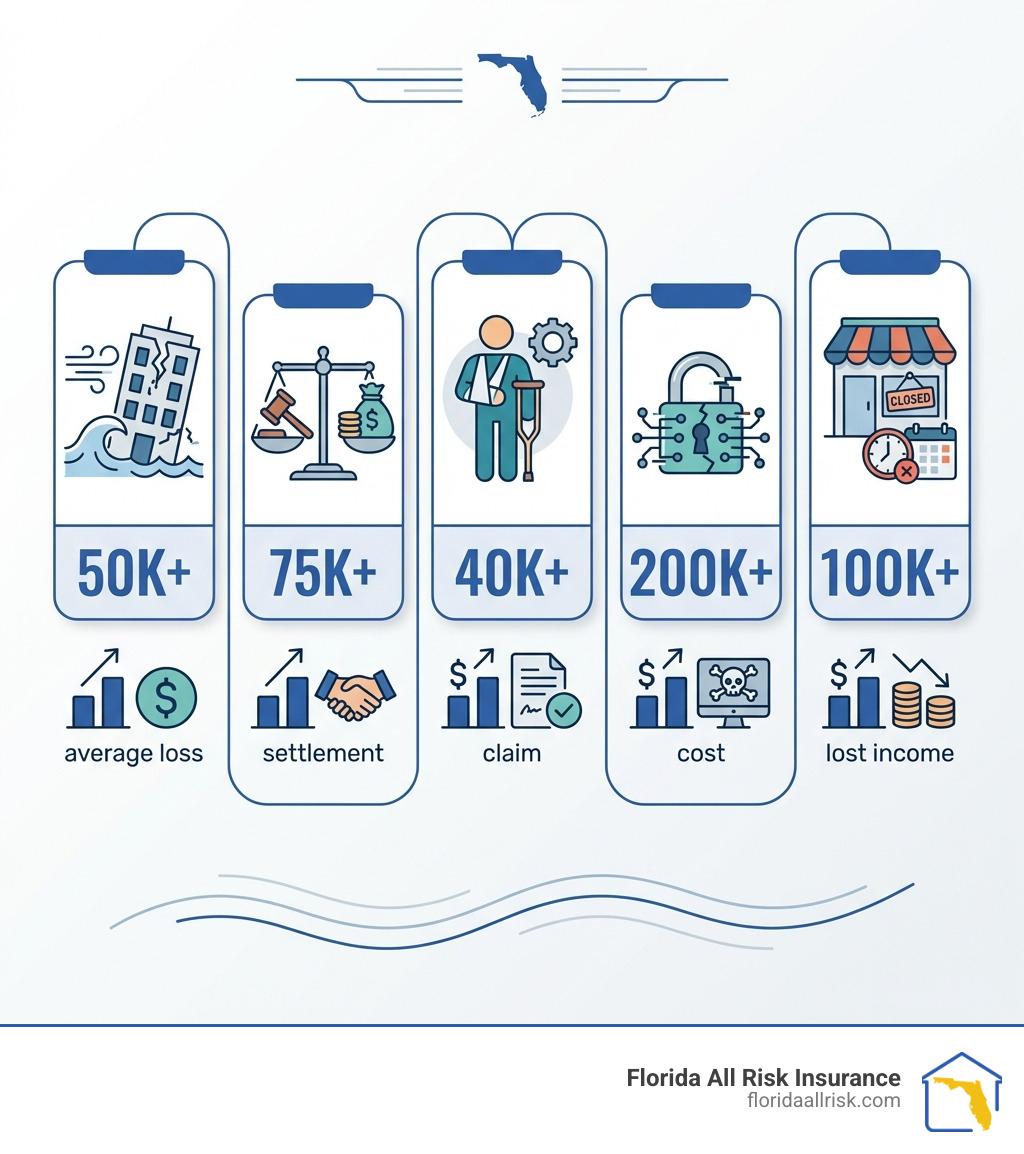 Infographic showing the 5 biggest financial risks for Florida small businesses: 1. Property damage from hurricanes and flooding ($50K+ average loss), 2. Third-party liability lawsuits ($75K+ average settlement), 3. Employee work injuries ($40K+ average claim), 4. Cyber attacks and data breaches ($200K+ average cost), 5. Business interruption from covered events ($100K+ average lost income) - business choice insurance infographic Infographic showing the 5 biggest financial risks for Florida small businesses: 1. Property damage from hurricanes and flooding ($50K+ average loss), 2. Third-party liability lawsuits ($75K+ average settlement), 3. Employee work injuries ($40K+ average claim), 4. Cyber attacks and data breaches ($200K+ average cost), 5. Business interruption from covered events ($100K+ average lost income) - business choice insurance infographic