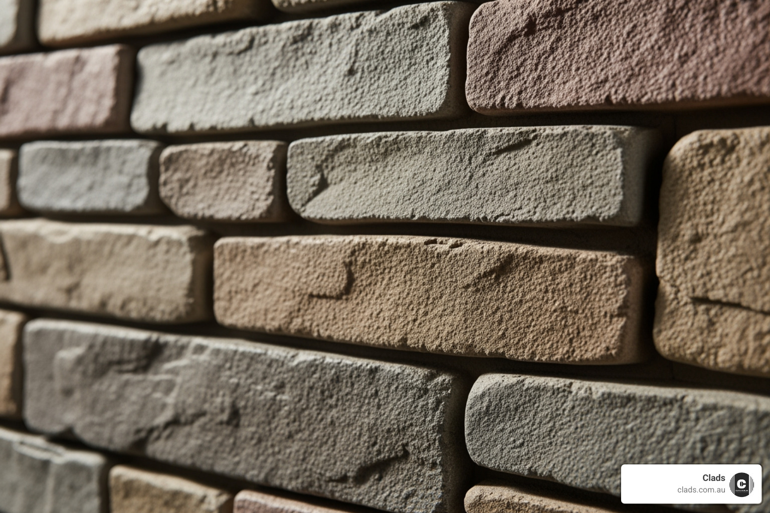 close-up showing the realistic texture and detail of a Clads Australia faux stone panel - fake stacked stone cladding