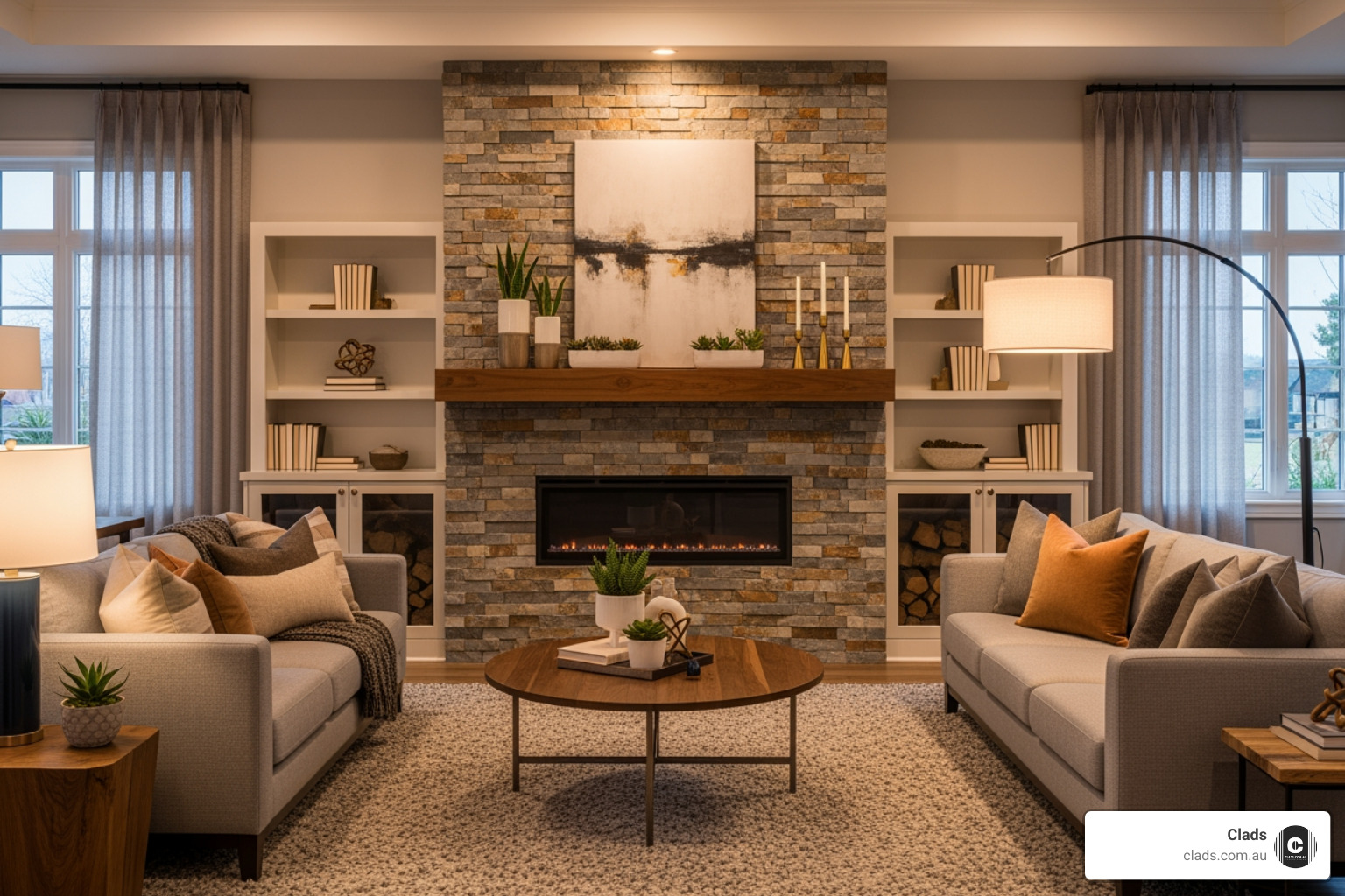stylish interior feature wall with a fireplace clad in Clads Australia faux stone - fake stacked stone cladding
