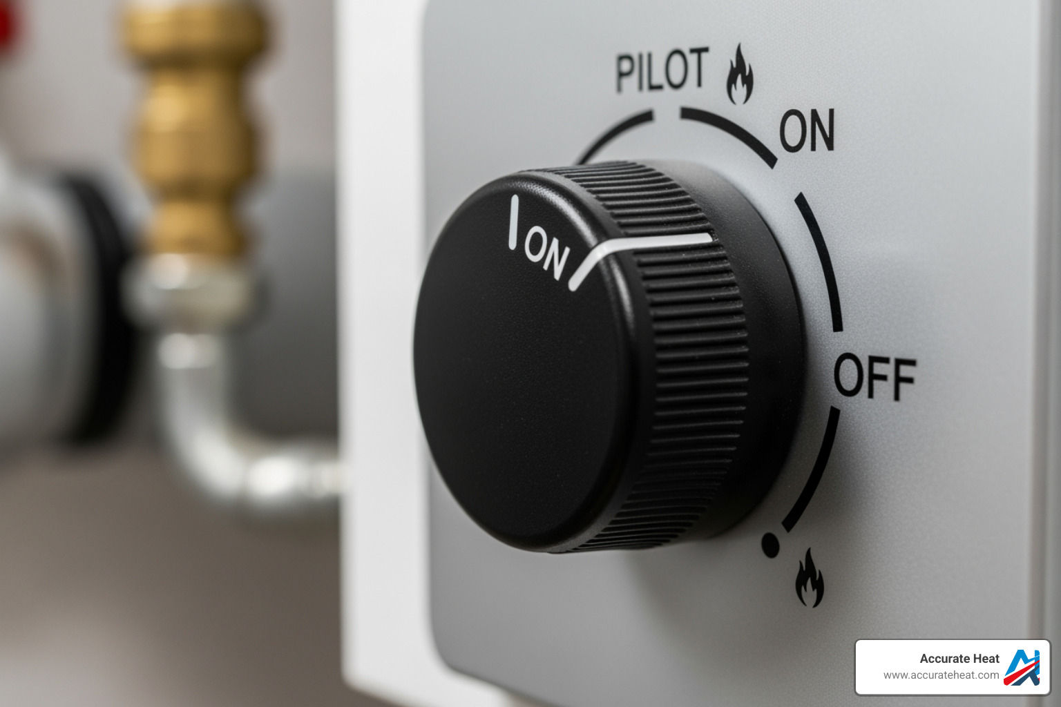 A close-up image of a boiler gas control knob with "PILOT", "ON", and "OFF" settings clearly labeled. - Boiler pilot light