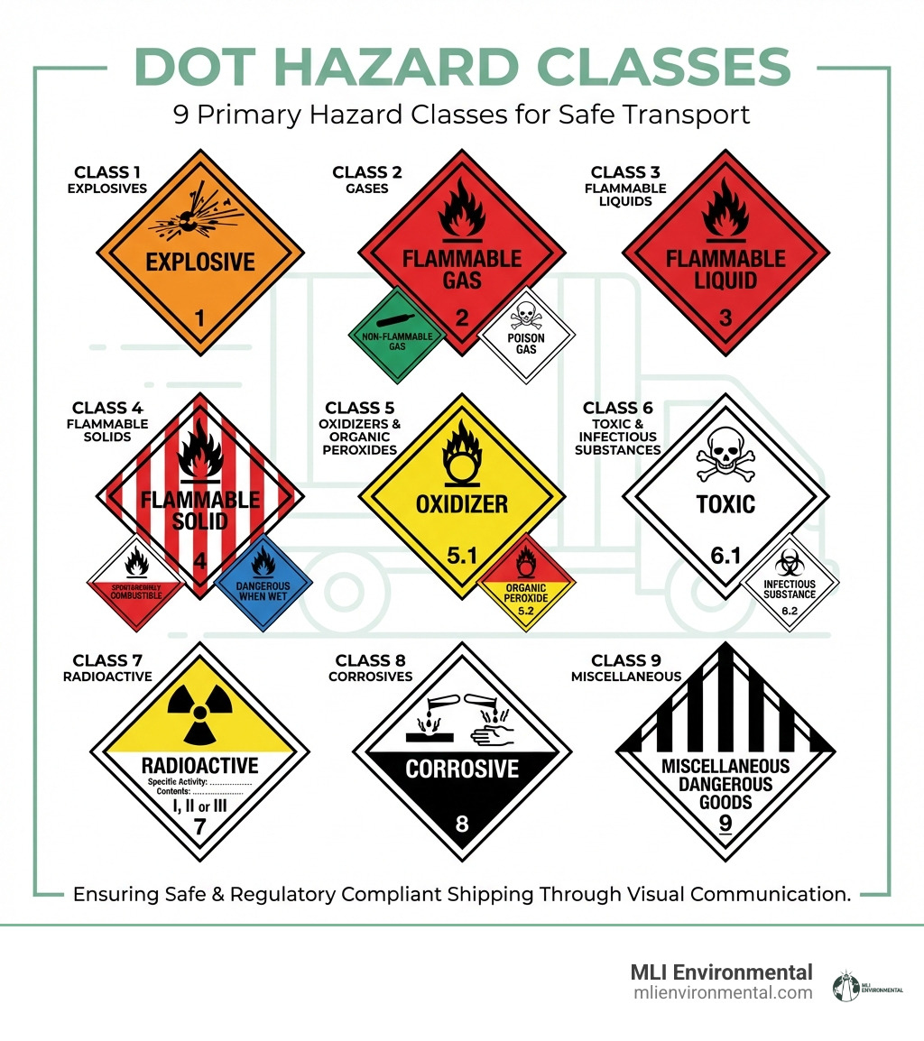 Infographic showing the 9 DOT hazard classes: Class 1 Explosives (orange with explosion symbol), Class 2 Gases (red for flammable, green for non-flammable, white for poison), Class 3 Flammable Liquids (red with flame), Class 4 Flammable Solids (red/white stripes, white/red half, blue), Class 5 Oxidizers (yellow) and Organic Peroxides (red/yellow), Class 6 Toxic (white with skull) and Infectious Substances (white with biohazard), Class 7 Radioactive (yellow with trefoil symbol), Class 8 Corrosives (white/black with liquid drops), and Class 9 Miscellaneous (white with vertical stripes). Each class displayed as a diamond-shaped label with corresponding hazard class number and visual identifier. - hazmat shipping labels infographic Infographic showing the 9 DOT hazard classes: Class 1 Explosives (orange with explosion symbol), Class 2 Gases (red for flammable, green for non-flammable, white for poison), Class 3 Flammable Liquids (red with flame), Class 4 Flammable Solids (red/white stripes, white/red half, blue), Class 5 Oxidizers (yellow) and Organic Peroxides (red/yellow), Class 6 Toxic (white with skull) and Infectious Substances (white with biohazard), Class 7 Radioactive (yellow with trefoil symbol), Class 8 Corrosives (white/black with liquid drops), and Class 9 Miscellaneous (white with vertical stripes). Each class displayed as a diamond-shaped label with corresponding hazard class number and visual identifier. - hazmat shipping labels infographic