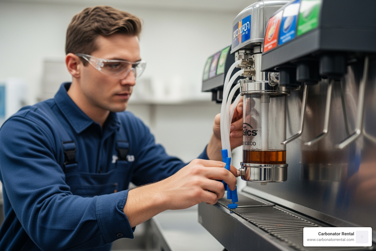 Technician performing maintenance on a soda fountain carbonator - carbonator for soda fountain Technician performing maintenance on a soda fountain carbonator - carbonator for soda fountain
