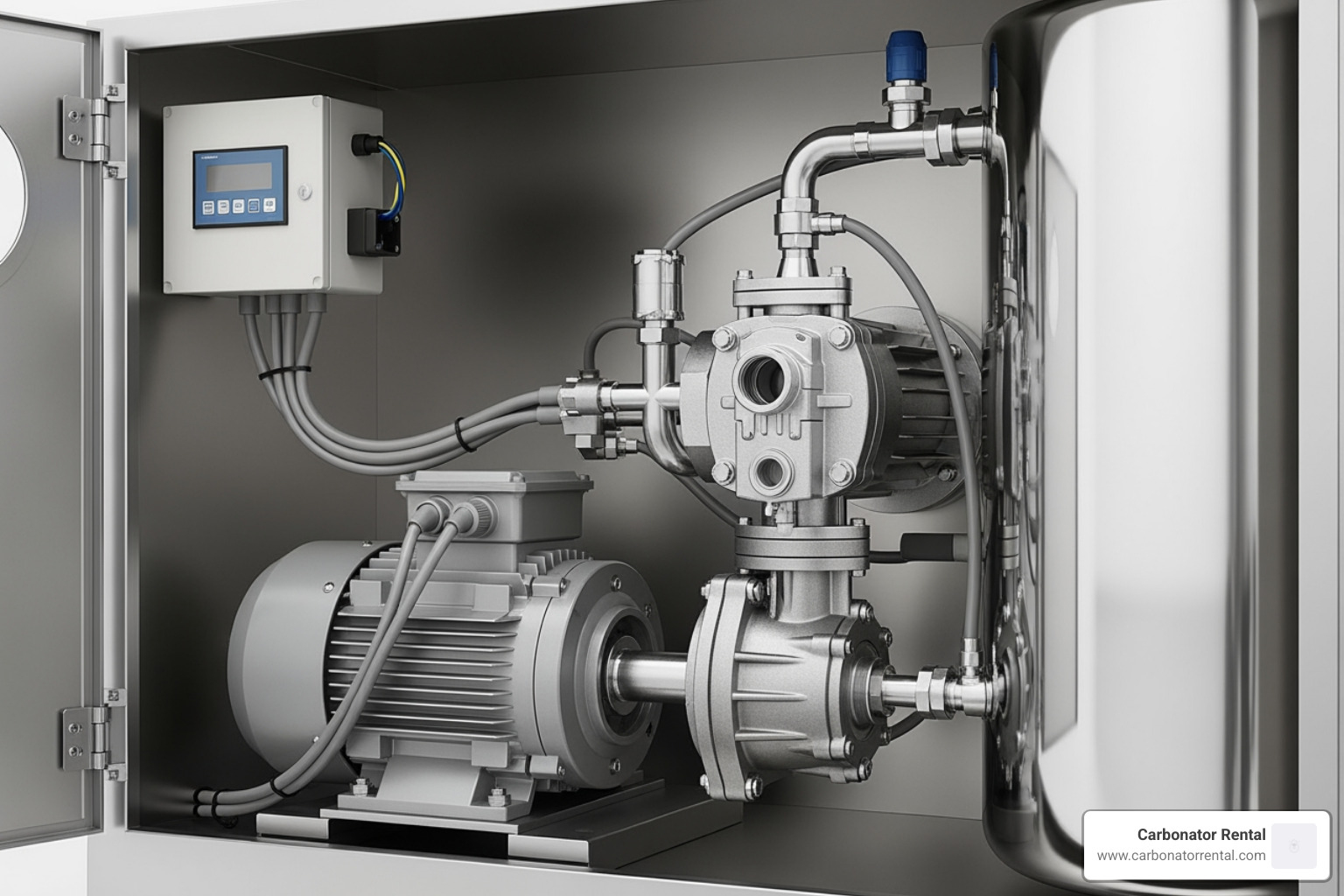 Internal view of a commercial carbonator showing pump, motor, and tank - carbonator for soda fountain Internal view of a commercial carbonator showing pump, motor, and tank - carbonator for soda fountain