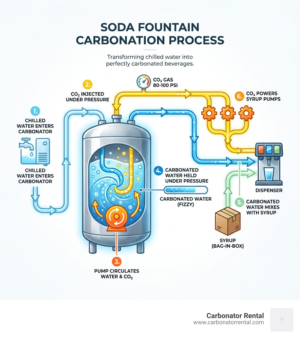 Infographic showing the carbonation process: 1) Chilled water enters the carbonator tank, 2) CO₂ gas is injected under pressure (typically 80-100 PSI), 3) A pump circulates water through the CO₂-rich environment, 4) Carbonated water is held in a stainless steel pressure vessel, 5) Carbonated water flows to the dispenser to mix with syrup, 6) CO₂ also powers bag-in-box syrup pumps to push syrup through lines - carbonator for soda fountain infographic Infographic showing the carbonation process: 1) Chilled water enters the carbonator tank, 2) CO₂ gas is injected under pressure (typically 80-100 PSI), 3) A pump circulates water through the CO₂-rich environment, 4) Carbonated water is held in a stainless steel pressure vessel, 5) Carbonated water flows to the dispenser to mix with syrup, 6) CO₂ also powers bag-in-box syrup pumps to push syrup through lines - carbonator for soda fountain infographic