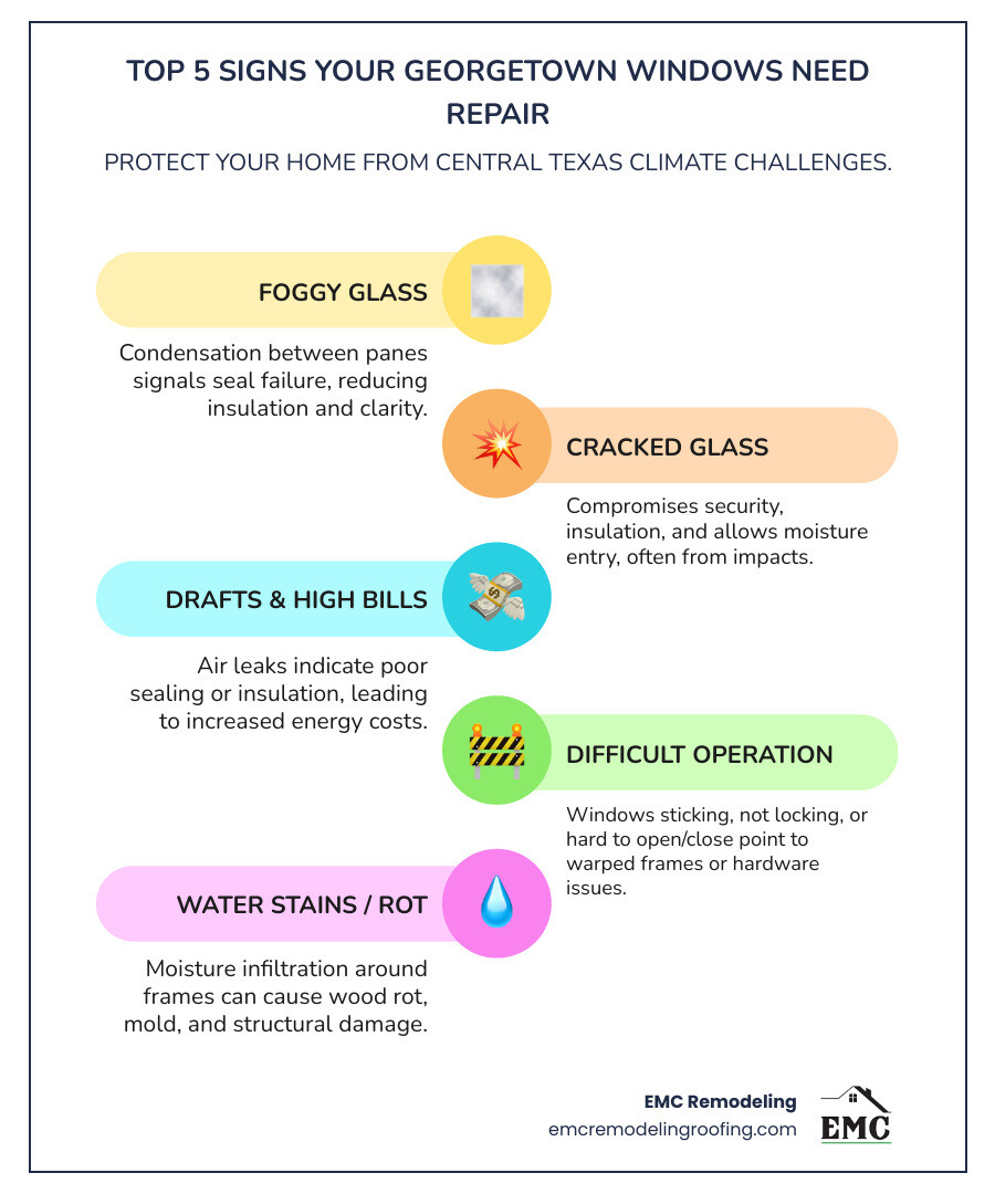 Infographic showing the top 5 signs your windows need repair in Georgetown TX: 1) Condensation between window panes indicating seal failure, 2) Visible cracks or chips in the glass, 3) Drafts or increased energy bills suggesting poor insulation, 4) Difficulty opening, closing, or locking windows due to warped frames or broken hardware, 5) Water stains or rot around window frames from moisture infiltration. Each sign includes a simple icon and brief explanation of why it matters for Georgetown's climate. - Window repair Georgetown TX infographic infographic-line-5-steps-colors