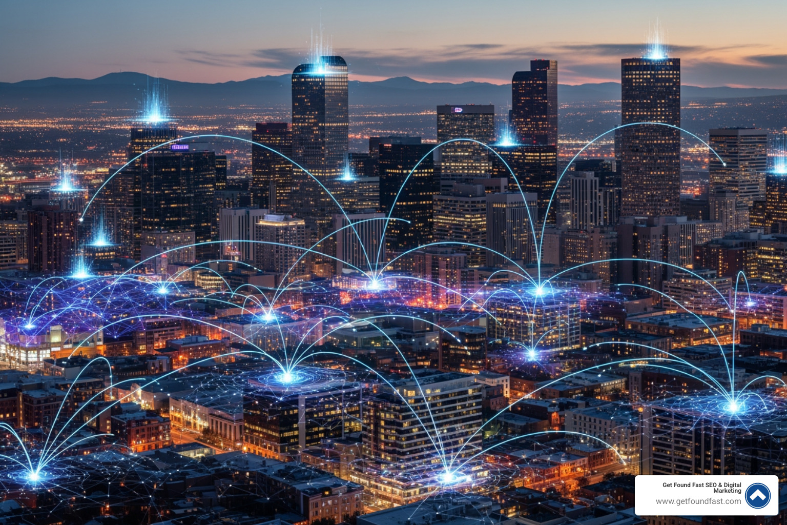 Denver skyline with digital connection graphics highlighting local business networks - seo company colorado