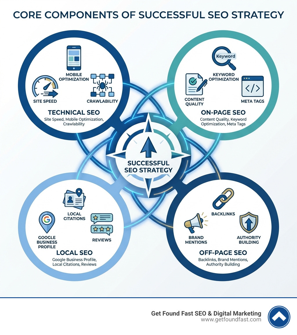 Infographic showing the core components of successful SEO strategy including Technical SEO (site speed, mobile optimization, crawlability), On-Page SEO (content quality, keyword optimization, meta tags), Off-Page SEO (backlinks, brand mentions, authority building), and Local SEO (Google Business Profile, local citations, reviews) - seo company colorado infographic 