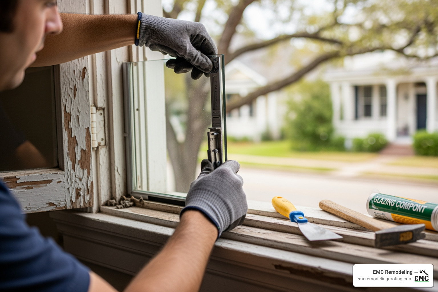 A technician carefully repairing a window seal - Window repair Georgetown TX
