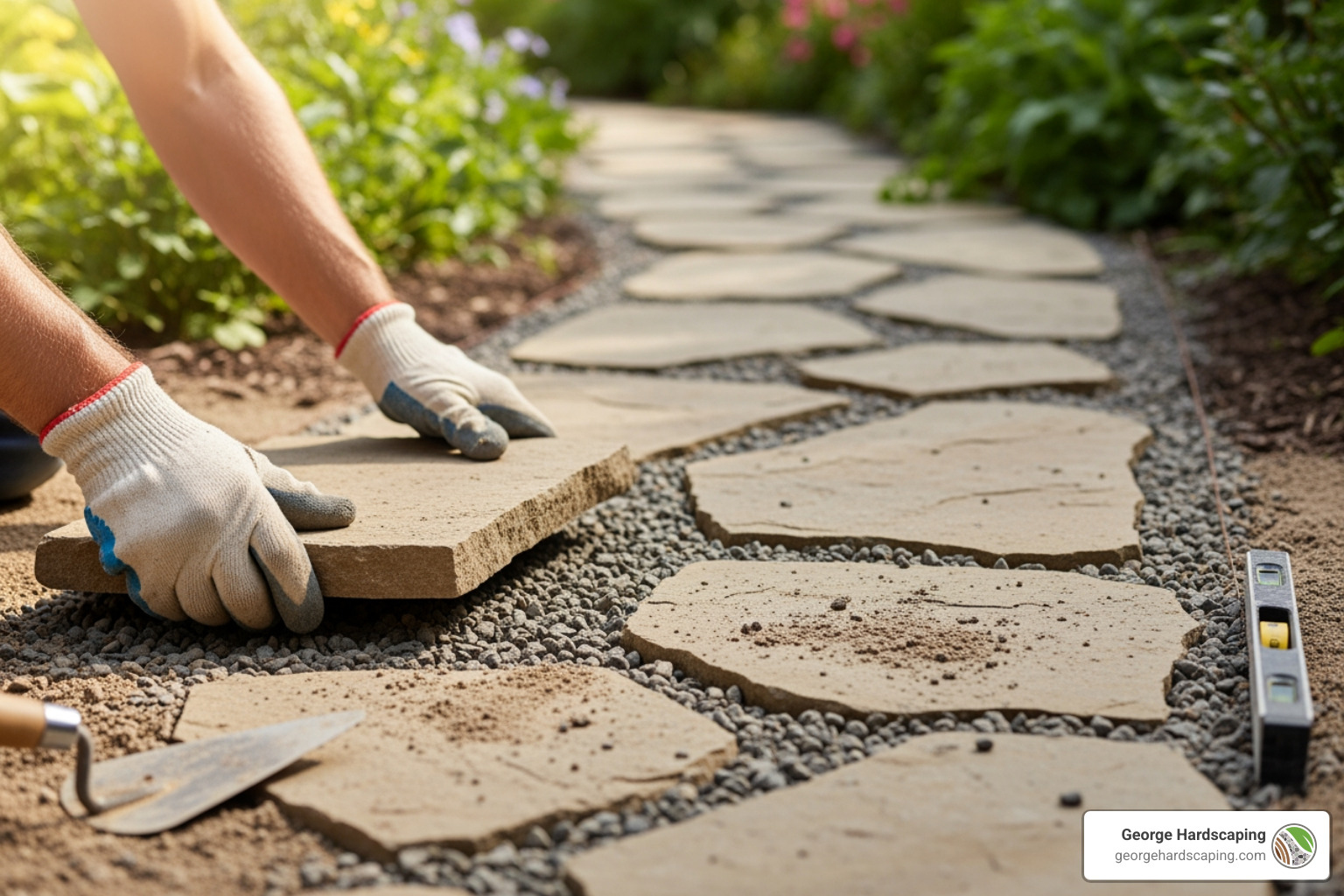 prepared path trench with landscape fabric and sand - laying a stone path