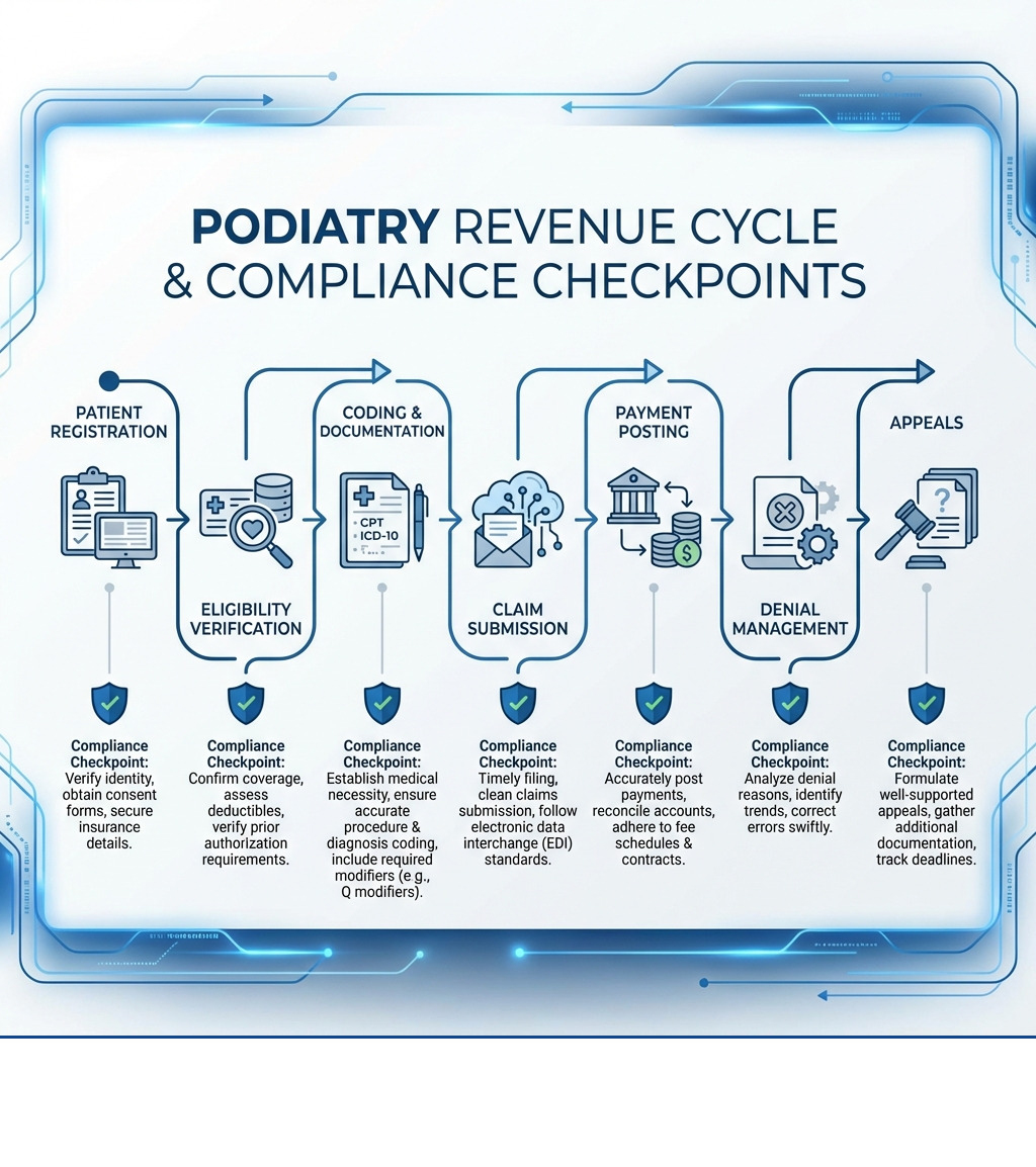 infographic showing the podiatry revenue cycle from patient registration through eligibility verification, coding and documentation, claim submission, payment posting, denial management, and appeals, with key compliance checkpoints at each stage - podiatry billing compliance infographic 