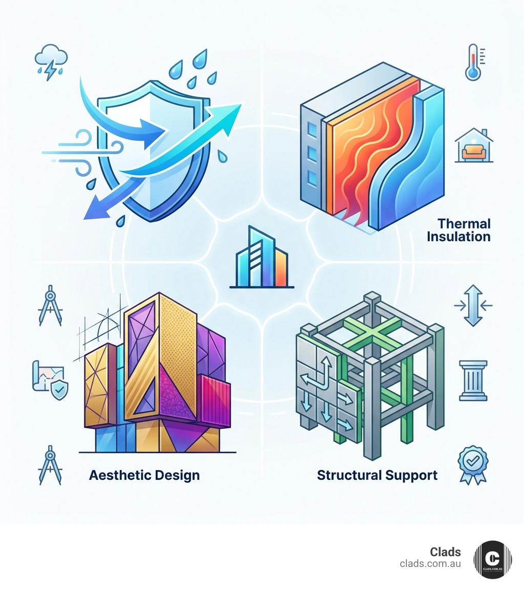 Infographic showing the four primary functions of external facade systems: weather protection (rain and wind barrier), thermal insulation (energy efficiency and comfort), aesthetic design (architectural identity and curb appeal), and structural support (load distribution and durability) - External facade systems infographic 
