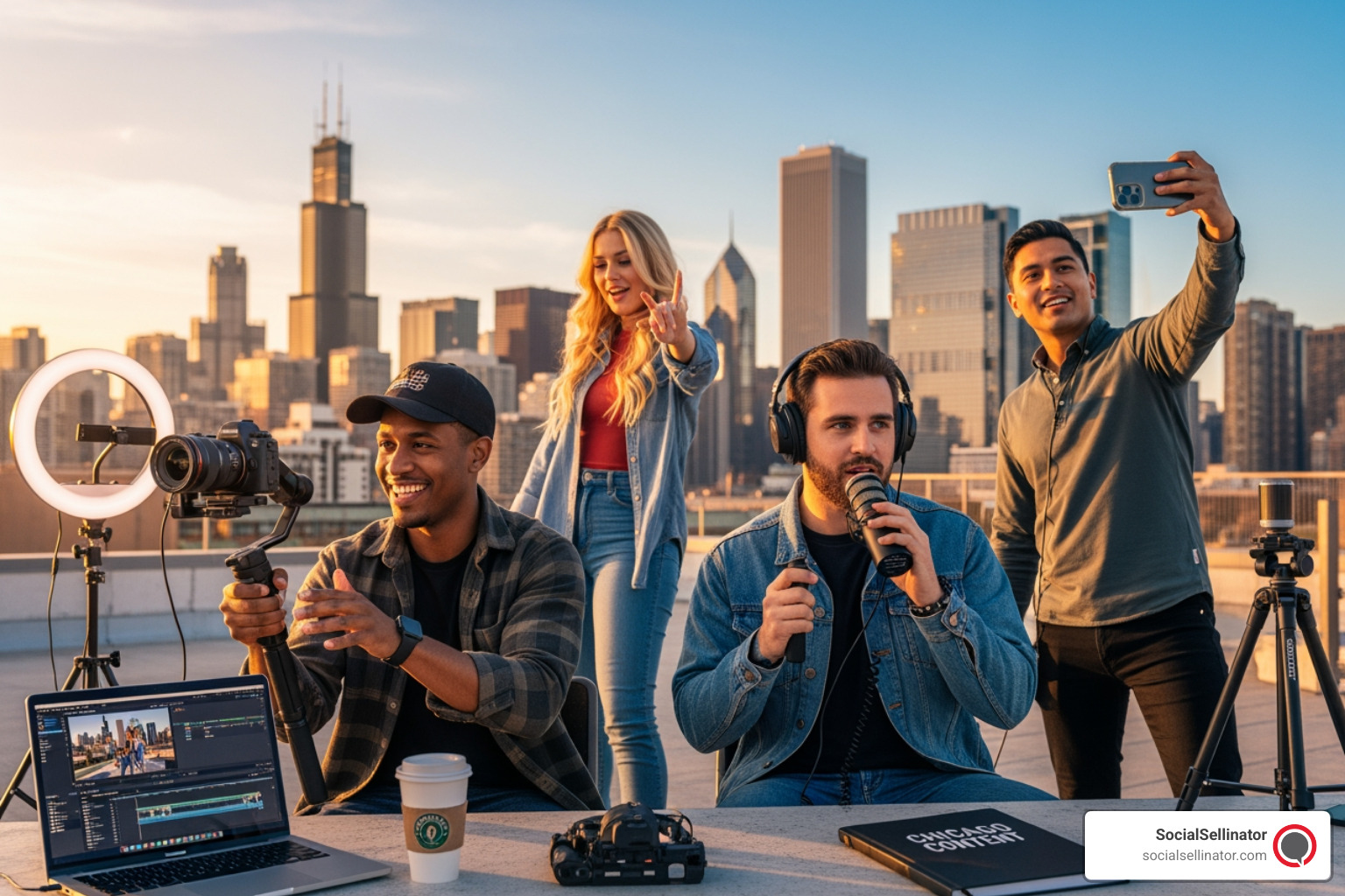 A person's hands scrolling through a visually appealing Instagram feed on a phone, with a Chicago cafe in the background, showcasing local engagement. - Chicago content creation