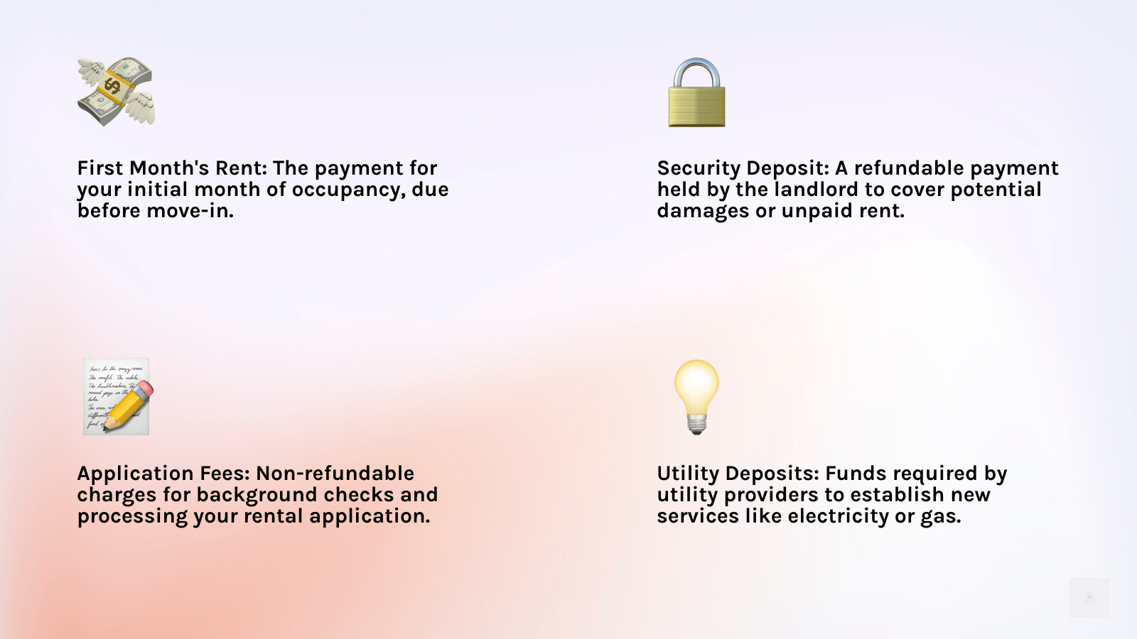 Infographic explaining the typical breakdown of move-in costs: first month's rent, security deposit, application fees, and utility deposits - help with security deposit and 1st months rent infographic 4_facts_emoji_light-gradient Infographic explaining the typical breakdown of move-in costs: first month's rent, security deposit, application fees, and utility deposits - help with security deposit and 1st months rent infographic 4_facts_emoji_light-gradient