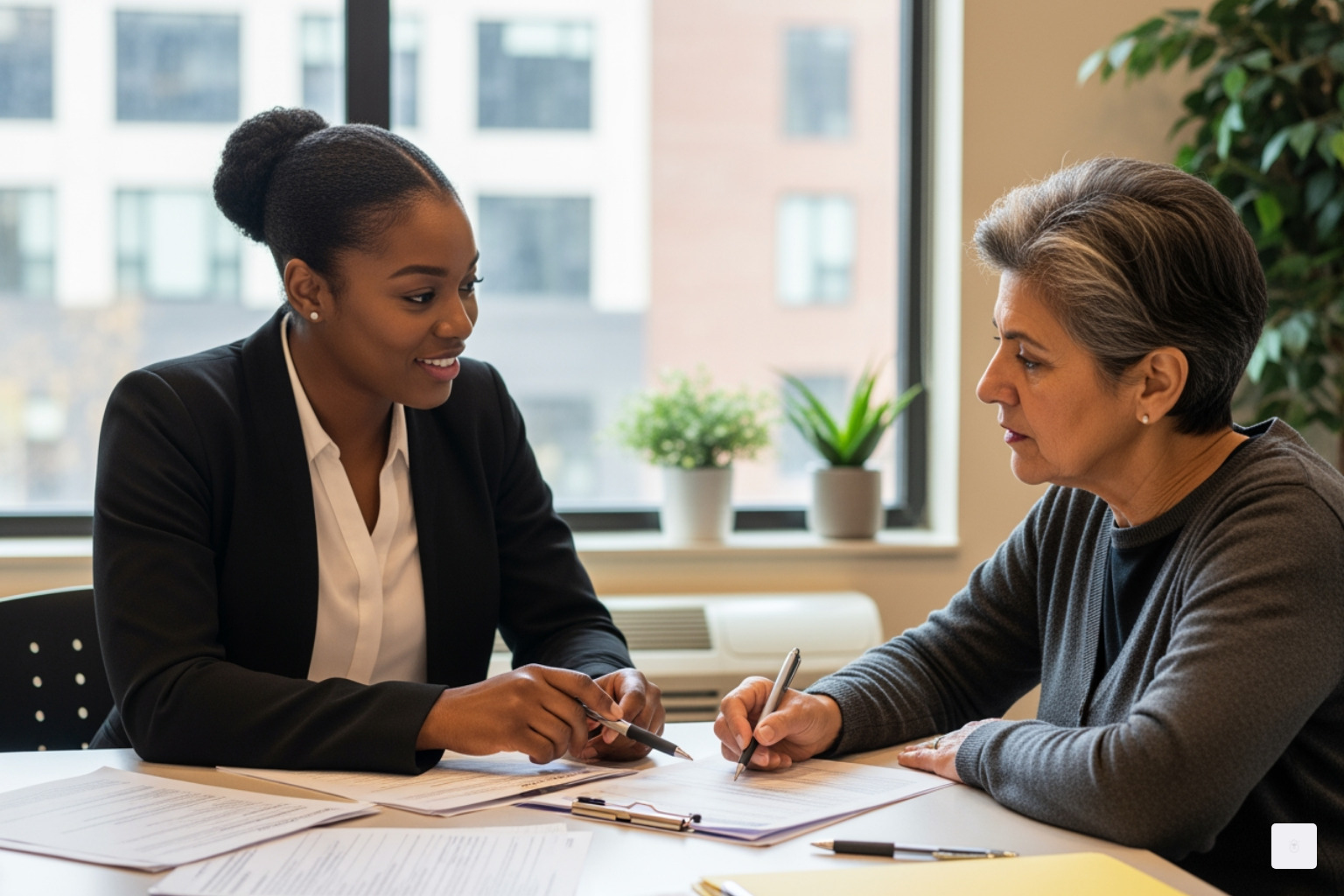 Supportive case manager reviewing paperwork with a resident - help with security deposit and 1st months rent Supportive case manager reviewing paperwork with a resident - help with security deposit and 1st months rent