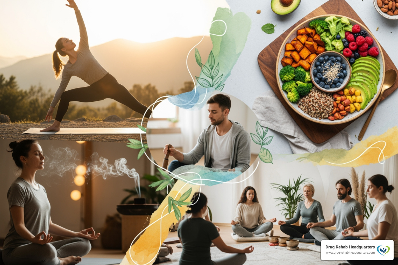 collage of holistic activities like yoga, healthy food, and meditation - what is holistic addiction treatment