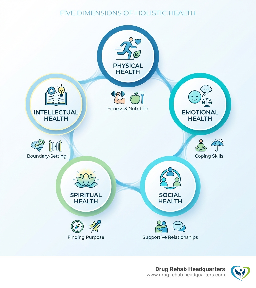 infographic showing five interconnected circles labeled Physical Health, Emotional Health, Social Health, Spiritual Health, and Intellectual Health, with examples under each: fitness and nutrition under physical, coping skills under emotional, supportive relationships under social, finding purpose under spiritual, and boundary-setting under intellectual - what is holistic addiction treatment infographic 