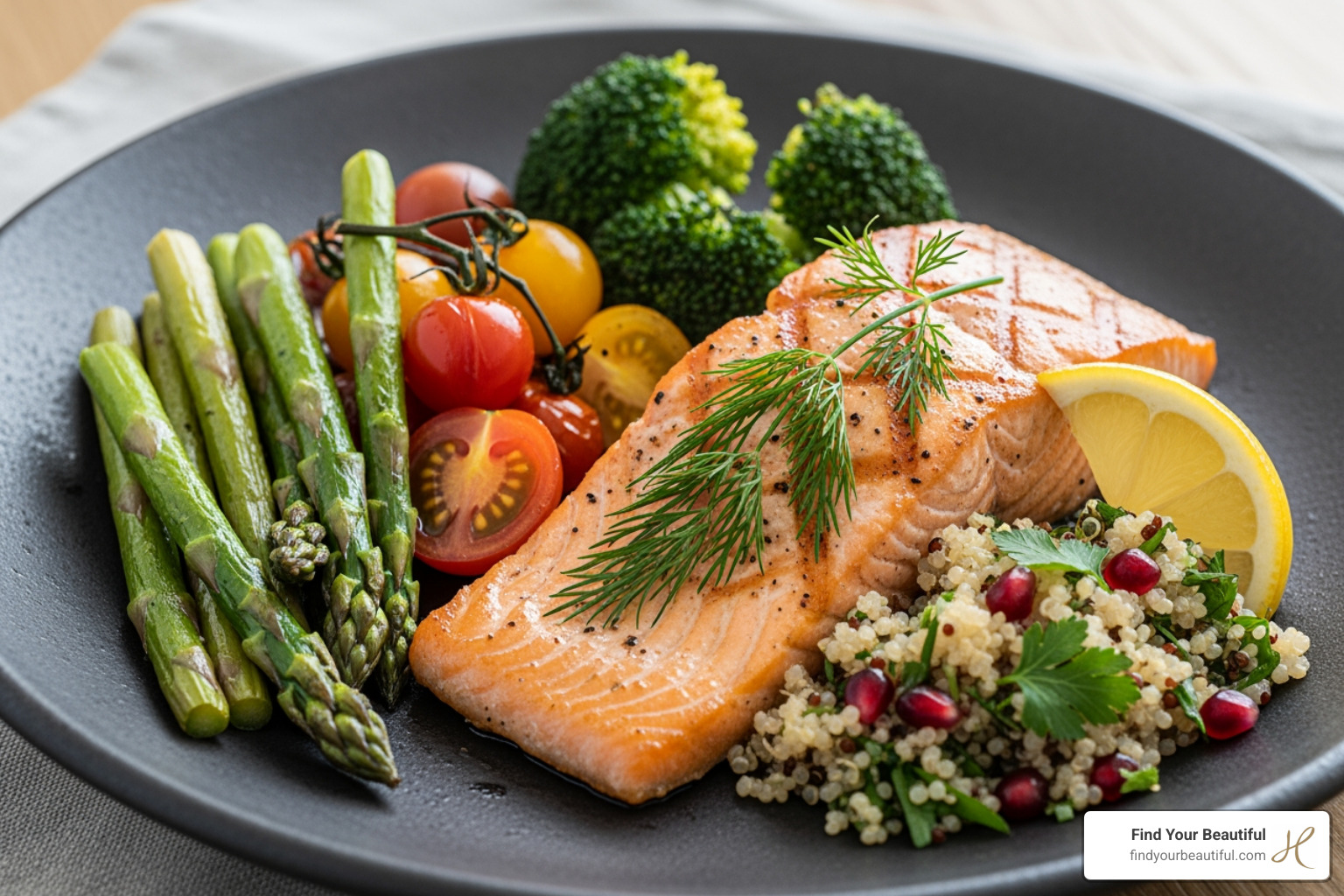 Colorful plate of food with vegetables, lean protein, and whole grains - lose 20 pounds in 2 months