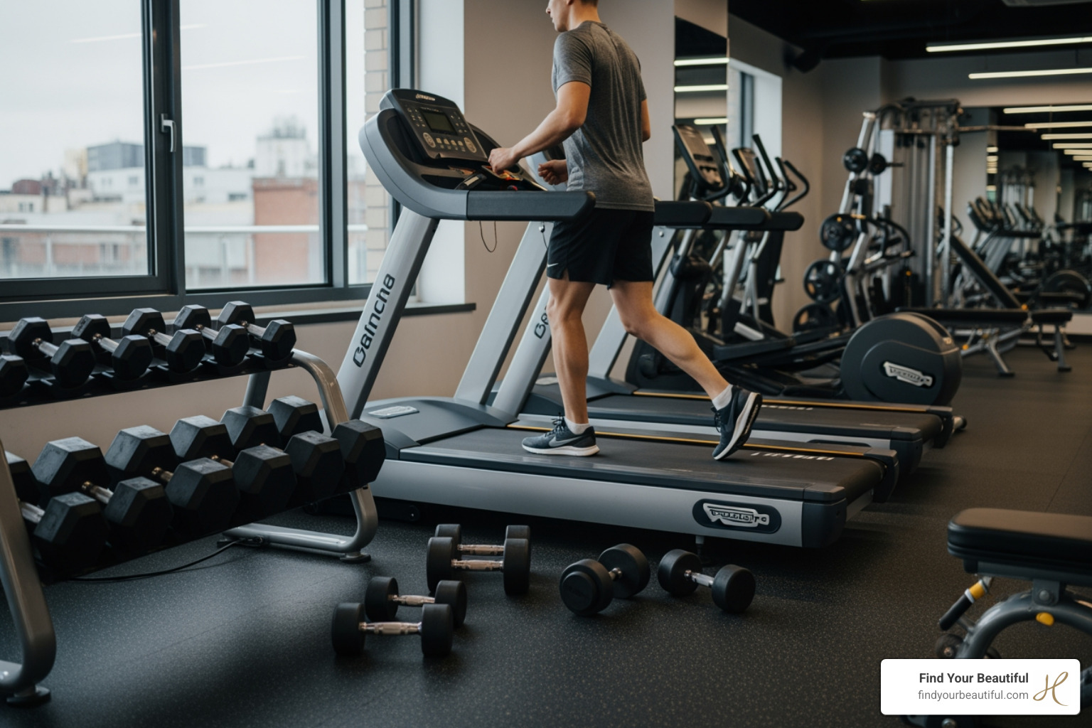 Person on a treadmill with dumbbells nearby, representing a combined workout - lose 20 pounds in 2 months