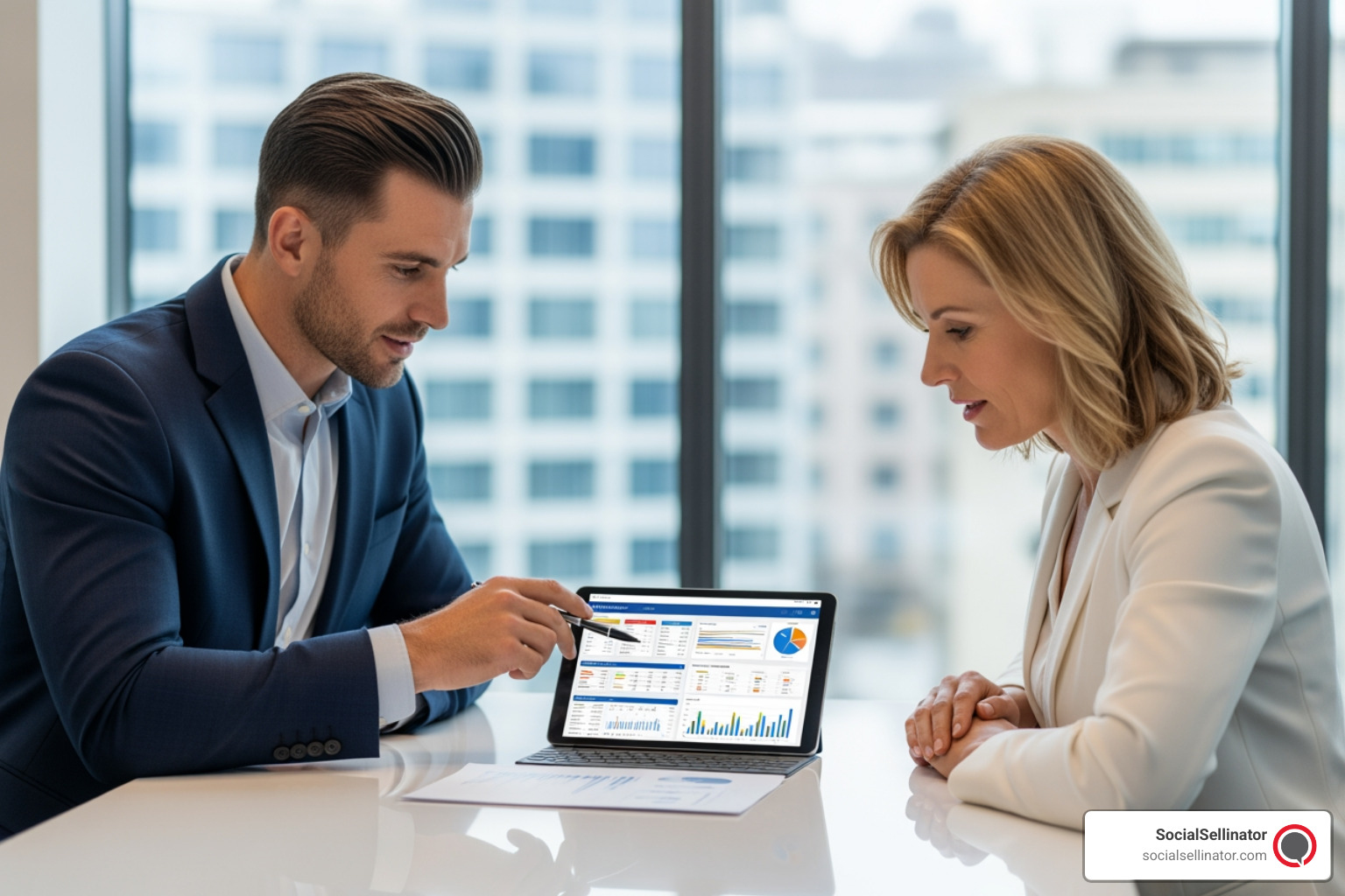 client and agency manager reviewing a transparent performance report on a tablet - Top Digital Media Agencies