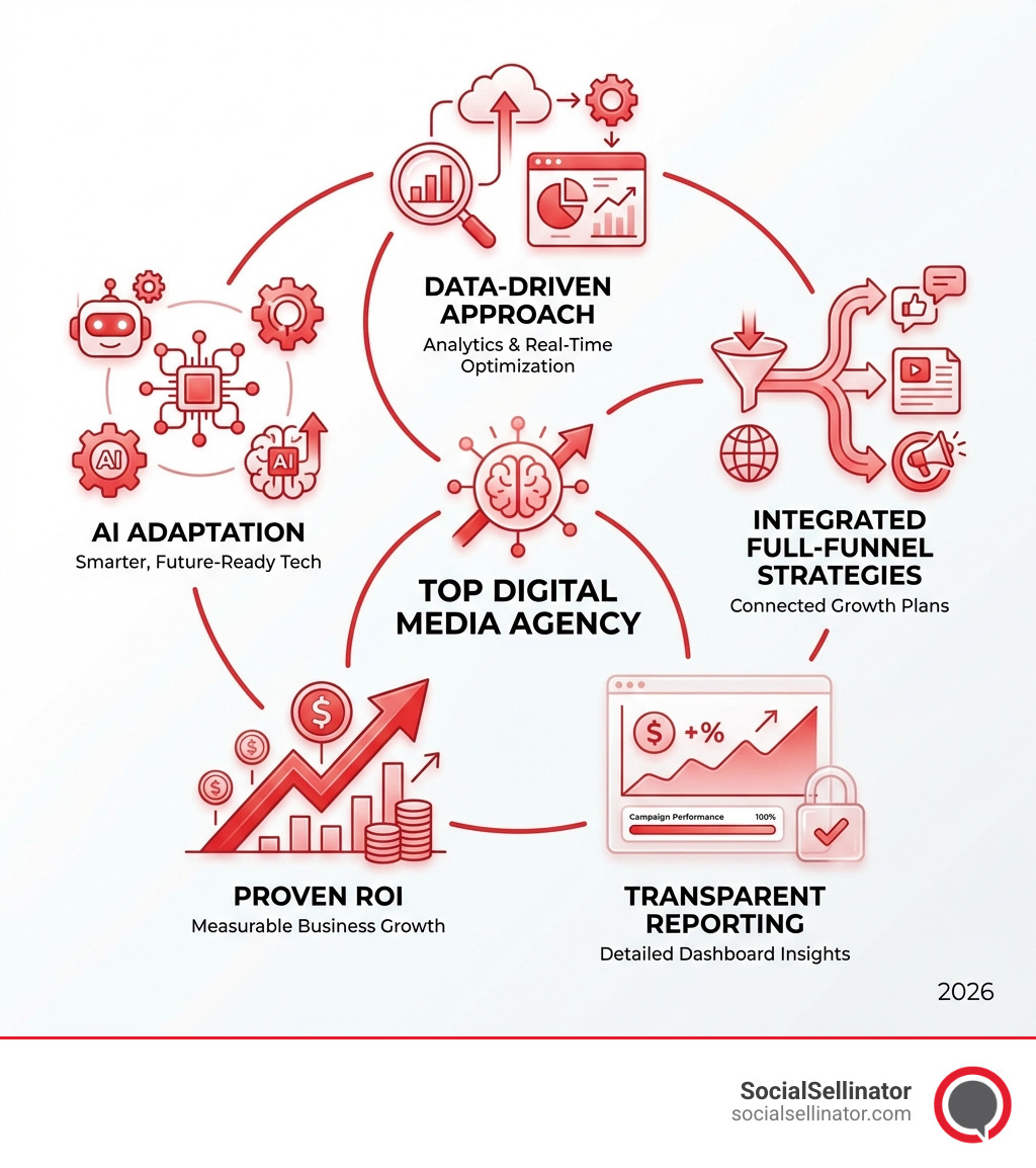infographic showing key components of top digital media agencies including data-driven approach with analytics icons, integrated full-funnel strategies with connected channels, transparent reporting with dashboard graphics, proven ROI with upward trending graphs, and AI adaptation with technology symbols - Top Digital Media Agencies infographic