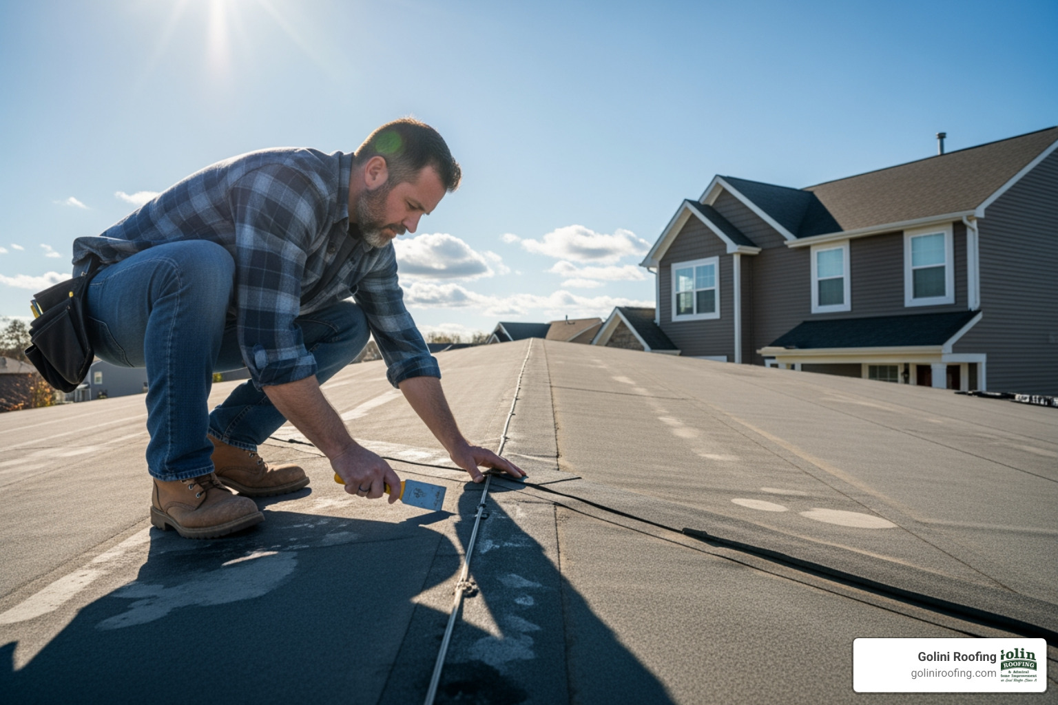 homeowner inspecting flat roof for maintenance - flat roof maintenance
