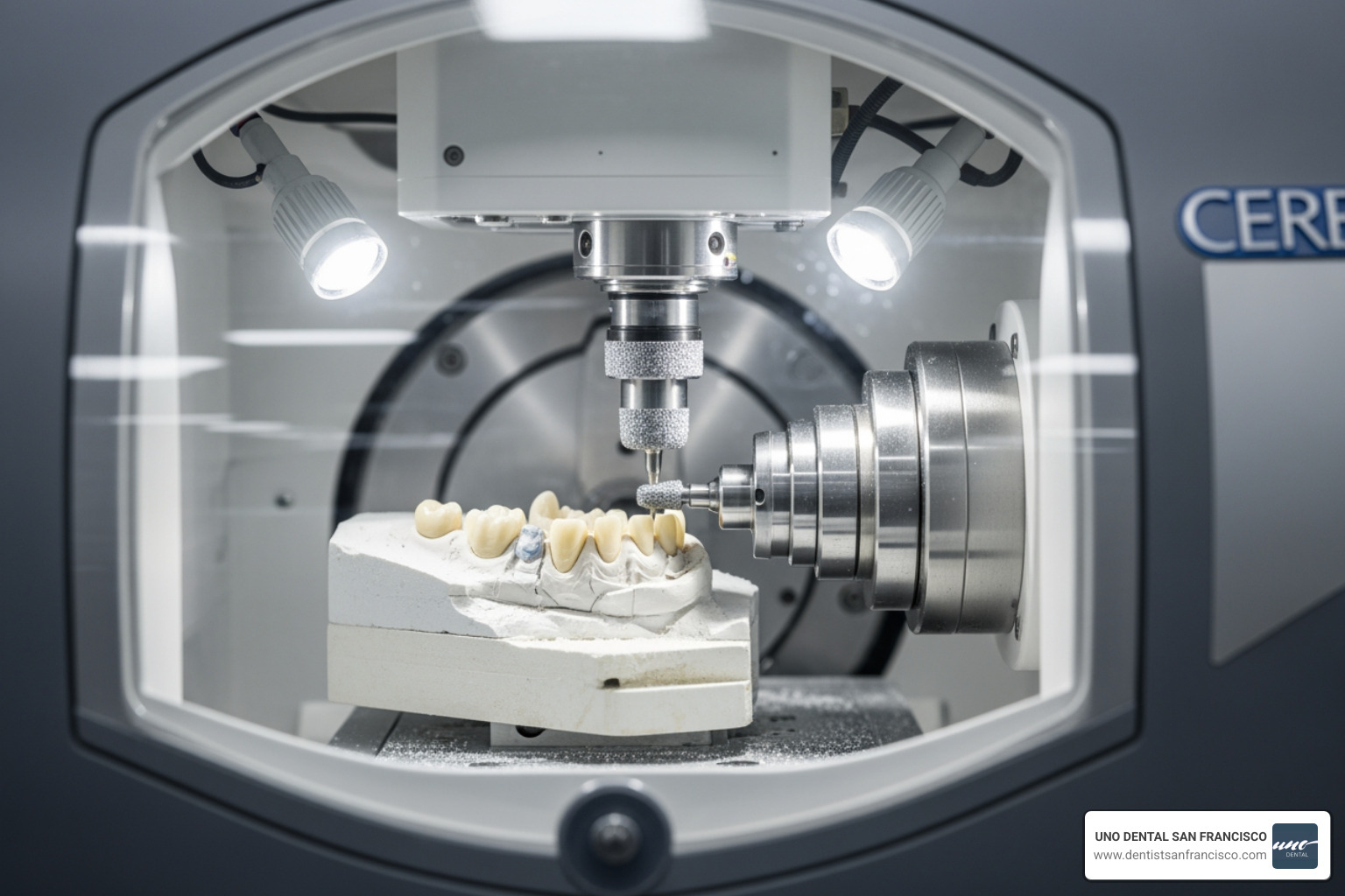 A CEREC milling machine creating a dental crown - dental crowns in san francisco A CEREC milling machine creating a dental crown - dental crowns in san francisco