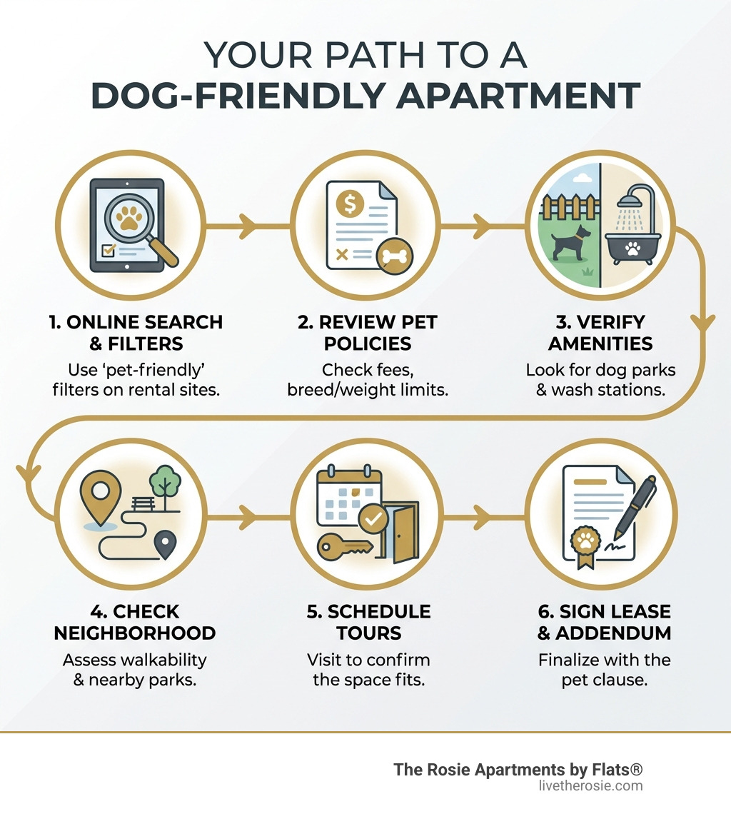 infographic showing the key steps to finding dog-friendly apartments: start with online search using pet filters, review policies for fees and restrictions, verify amenities like dog parks and washing stations, check neighborhood walkability and nearby parks, schedule tours to confirm fit, and sign lease with pet addendum - dog friendly apts near me infographic 
