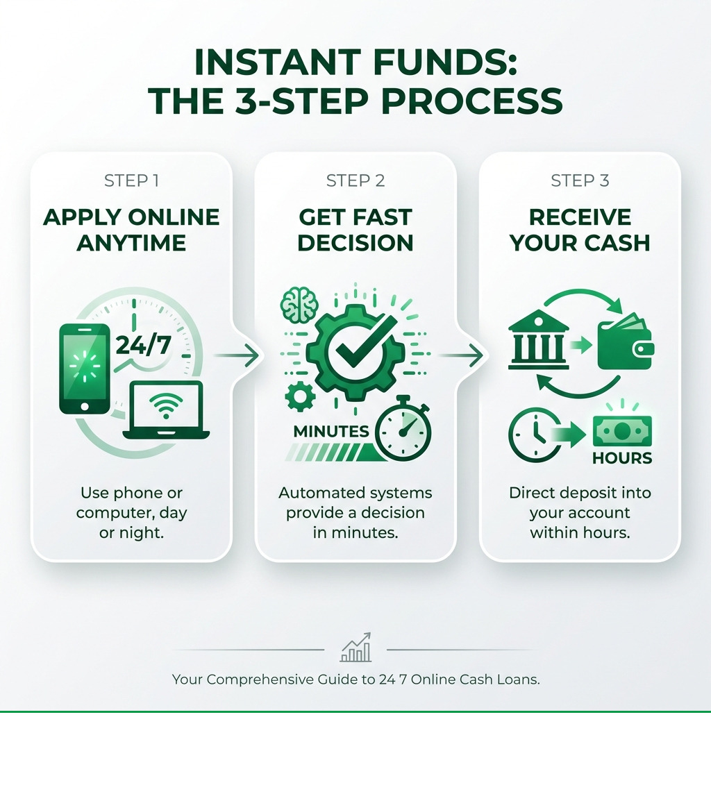 infographic showing 3-step process: Step 1 - Apply Online Anytime with your phone or computer, Step 2 - Get a Fast Decision in minutes with automated systems, Step 3 - Receive Your Cash via direct deposit within hours - 24 7 online cash loans infographic infographic showing 3-step process: Step 1 - Apply Online Anytime with your phone or computer, Step 2 - Get a Fast Decision in minutes with automated systems, Step 3 - Receive Your Cash via direct deposit within hours - 24 7 online cash loans infographic
