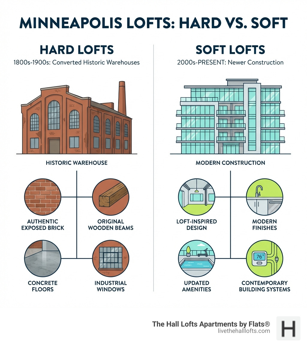 Infographic comparing hard lofts versus soft lofts in Minneapolis, showing hard lofts as converted historic warehouses from the 1800s-1900s with authentic exposed brick, original wooden beams, concrete floors, and industrial windows, versus soft lofts as newer construction from 2000s-present with loft-inspired design, modern finishes, updated amenities, and contemporary building systems - Lofts for rent Minneapolis infographic 