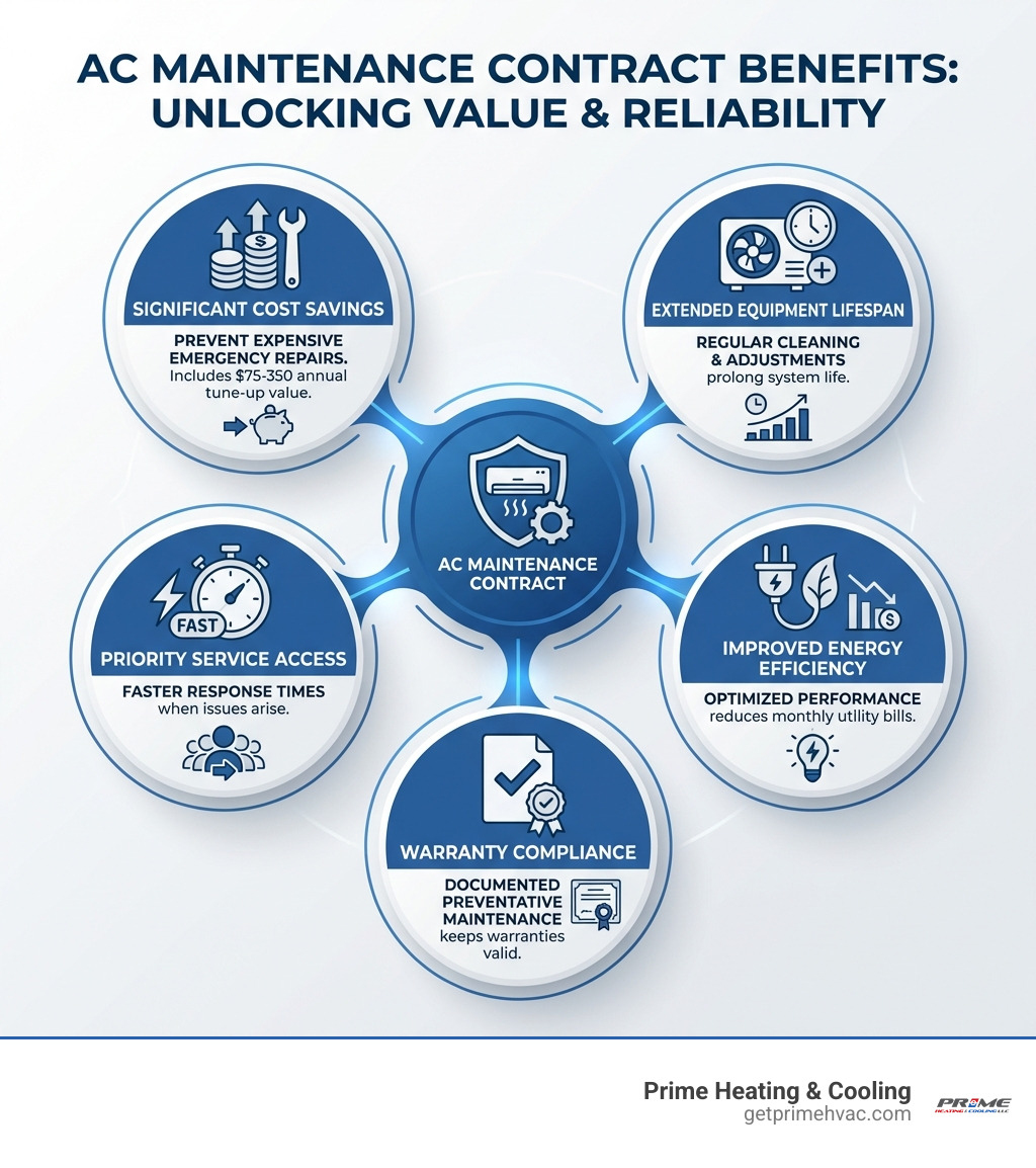 infographic showing AC maintenance contract benefits including cost savings from $75-350 annual tune-ups preventing expensive emergency repairs, extended equipment lifespan through regular cleaning and adjustments, priority service with faster response times, improved energy efficiency reducing monthly utility bills, and warranty compliance through documented preventative maintenance - AC maintenance contract infographic 
