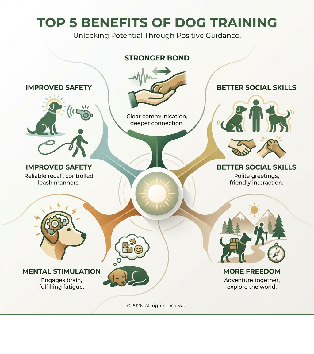 infographic showing the top 5 benefits of dog training: Stronger Bond between you and your dog through clear communication, Improved Safety with reliable recall and leash manners, Better Social Skills for greeting people and other dogs politely, Mental Stimulation that tires them out as much as physical exercise, and More Freedom to bring your dog along on adventures - dog training solutions infographic infographic showing the top 5 benefits of dog training: Stronger Bond between you and your dog through clear communication, Improved Safety with reliable recall and leash manners, Better Social Skills for greeting people and other dogs politely, Mental Stimulation that tires them out as much as physical exercise, and More Freedom to bring your dog along on adventures - dog training solutions infographic