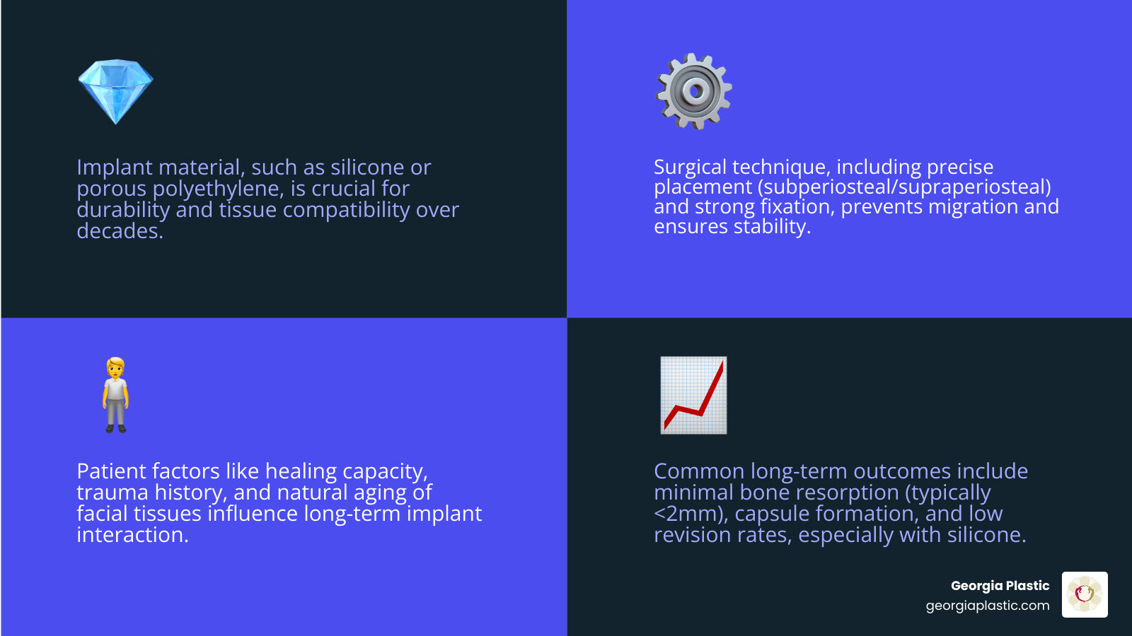 Infographic showing key factors affecting chin implant longevity after 20 years: implant material type (silicone, porous polyethylene, ePTFE), surgical technique (subperiosteal vs supraperiosteal placement, fixation method), patient factors (healing response, trauma history, aging), and common long-term outcomes (bone resorption depth, capsule formation, revision rates by material) - chin implant after 20 years infographic 4_facts_emoji_blue Infographic showing key factors affecting chin implant longevity after 20 years: implant material type (silicone, porous polyethylene, ePTFE), surgical technique (subperiosteal vs supraperiosteal placement, fixation method), patient factors (healing response, trauma history, aging), and common long-term outcomes (bone resorption depth, capsule formation, revision rates by material) - chin implant after 20 years infographic 4_facts_emoji_blue