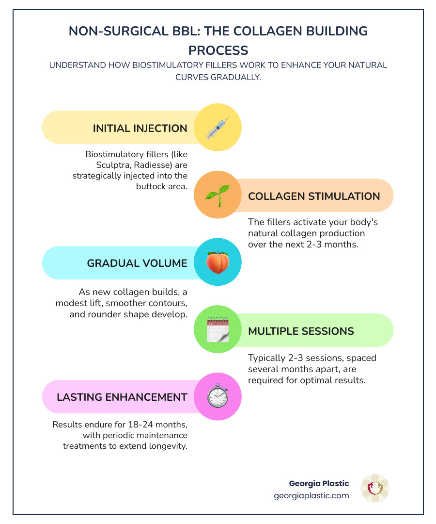 Detailed infographic showing how biostimulatory fillers like Sculptra and Radiesse work by stimulating natural collagen production over 2-3 months, the typical treatment timeline of 2-3 sessions spaced months apart, expected longevity of 18-24 months, and visual comparison of subtle volume increase versus dramatic surgical results - Non surgical BBL results infographic infographic-line-5-steps-colors Detailed infographic showing how biostimulatory fillers like Sculptra and Radiesse work by stimulating natural collagen production over 2-3 months, the typical treatment timeline of 2-3 sessions spaced months apart, expected longevity of 18-24 months, and visual comparison of subtle volume increase versus dramatic surgical results - Non surgical BBL results infographic infographic-line-5-steps-colors