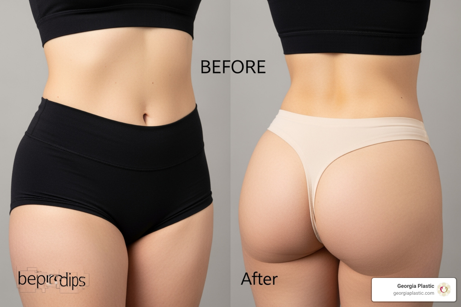 Before and after image showcasing the subtle correction of hip dips and improved buttock contour with a non-surgical BBL - Non surgical BBL results Before and after image showcasing the subtle correction of hip dips and improved buttock contour with a non-surgical BBL - Non surgical BBL results