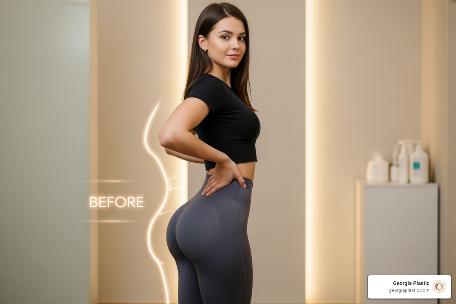 Illustration showing targeted injection areas for non-surgical butt lift to enhance shape and correct hip dips - Non surgical BBL results Illustration showing targeted injection areas for non-surgical butt lift to enhance shape and correct hip dips - Non surgical BBL results
