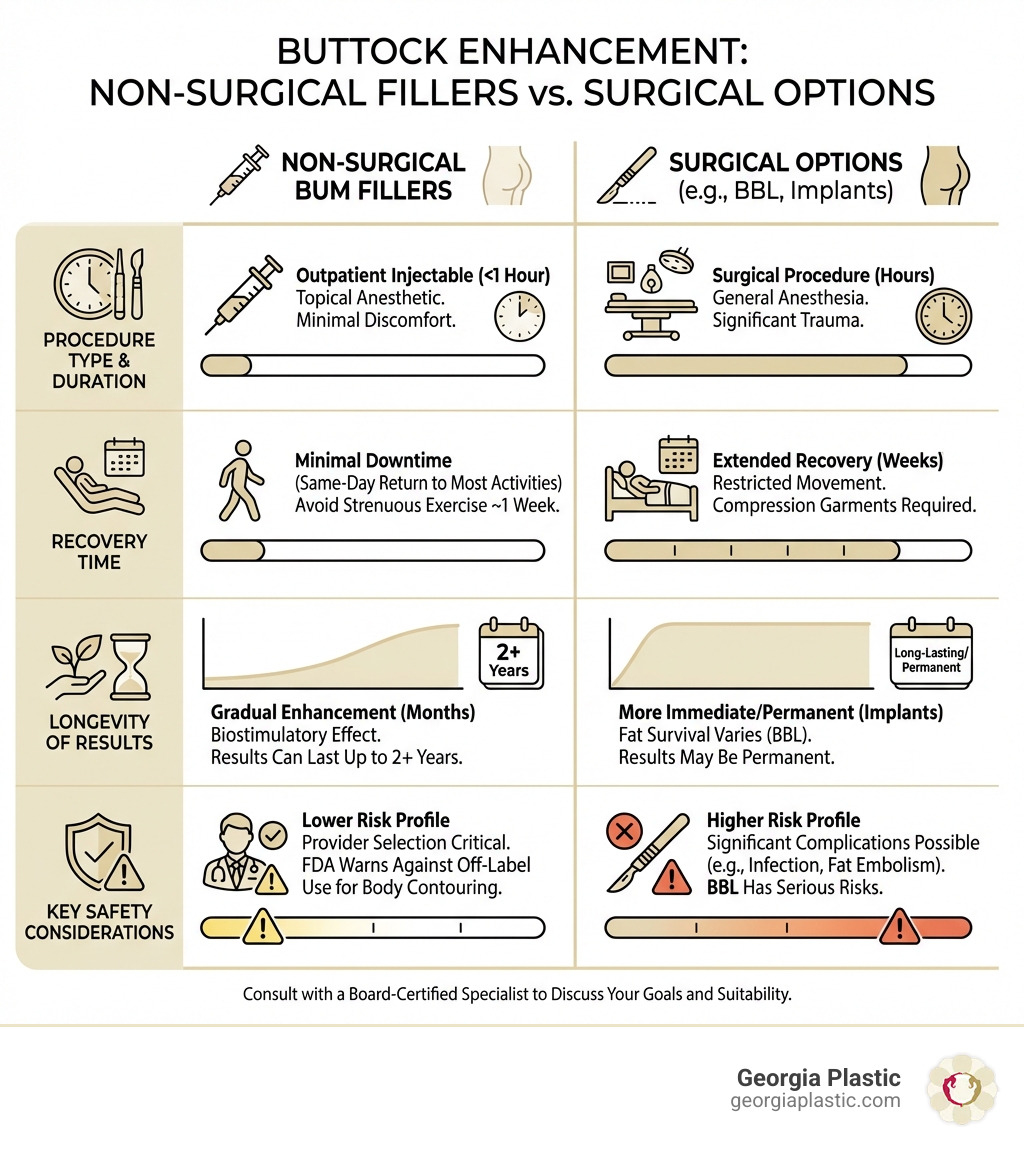 Infographic comparing non-surgical bum fillers versus surgical options including procedure type, recovery time, longevity of results, and key safety considerations for buttock enhancement - bum filler injections infographic Infographic comparing non-surgical bum fillers versus surgical options including procedure type, recovery time, longevity of results, and key safety considerations for buttock enhancement - bum filler injections infographic