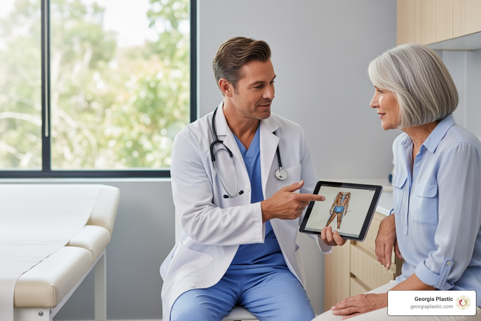 Surgeon in consultation with patient - Facelift recovery time Surgeon in consultation with patient - Facelift recovery time