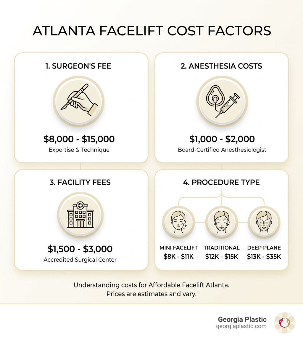 Infographic showing the 4 main cost factors for facelift surgery: Surgeon's Fee ranging from $8,000-$15,000 based on expertise and technique; Anesthesia costs of $1,000-$2,000 for board-certified anesthesiologist; Facility Fees of $1,500-$3,000 for accredited surgical center; and Procedure Type showing Mini Facelift $8K-$11K, Traditional $12K-$15K, Deep Plane $13K-$35K - Affordable facelift Atlanta infographic Infographic showing the 4 main cost factors for facelift surgery: Surgeon's Fee ranging from $8,000-$15,000 based on expertise and technique; Anesthesia costs of $1,000-$2,000 for board-certified anesthesiologist; Facility Fees of $1,500-$3,000 for accredited surgical center; and Procedure Type showing Mini Facelift $8K-$11K, Traditional $12K-$15K, Deep Plane $13K-$35K - Affordable facelift Atlanta infographic