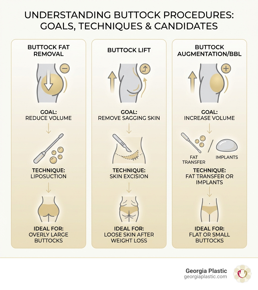 Infographic comparing three buttock procedures: Buttock Fat Removal (goal: reduce volume, technique: liposuction, ideal for: overly large buttocks), Buttock Lift (goal: remove sagging skin, technique: skin excision, ideal for: loose skin after weight loss), and Buttock Augmentation/BBL (goal: increase volume, technique: fat transfer or implants, ideal for: flat or small buttocks) - buttock fat removal surgery infographic Infographic comparing three buttock procedures: Buttock Fat Removal (goal: reduce volume, technique: liposuction, ideal for: overly large buttocks), Buttock Lift (goal: remove sagging skin, technique: skin excision, ideal for: loose skin after weight loss), and Buttock Augmentation/BBL (goal: increase volume, technique: fat transfer or implants, ideal for: flat or small buttocks) - buttock fat removal surgery infographic